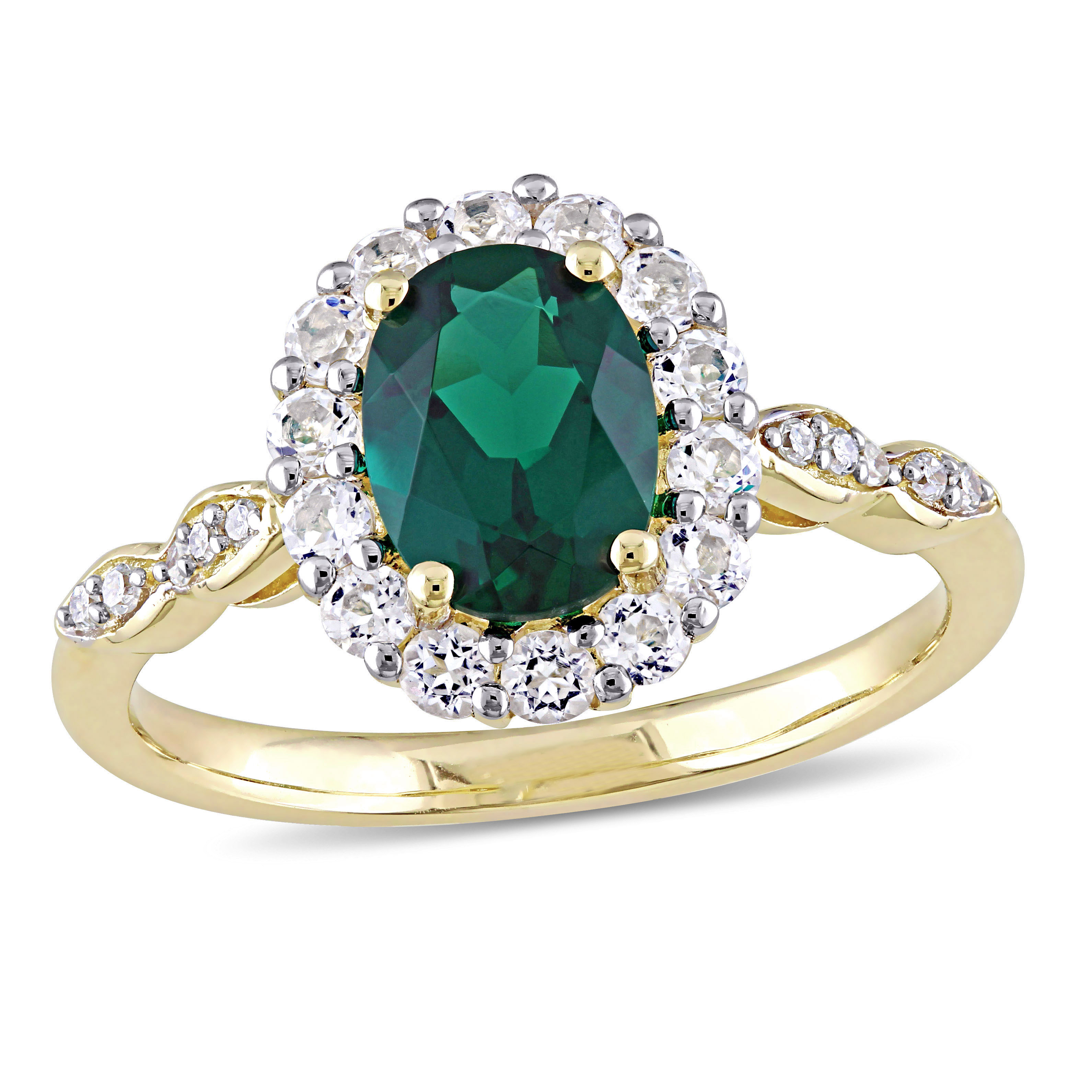 Oval Shape Created Emerald, White Topaz and Diamond Accent Vintage Ring in 14k Yellow Gold