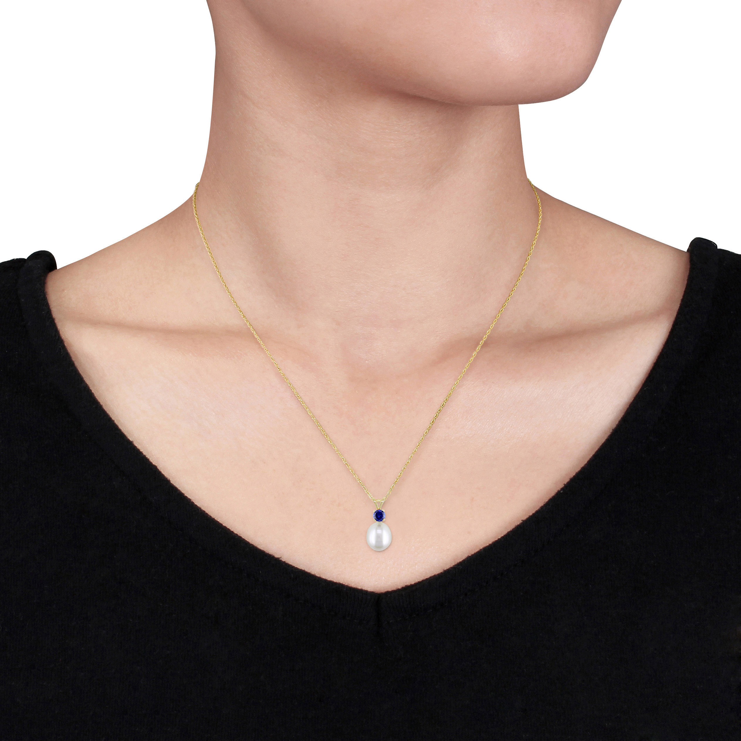 8 - 8.5 MM Cultured Freshwater Pearl and Sapphire Pendant With Chain in 14k Yellow Gold