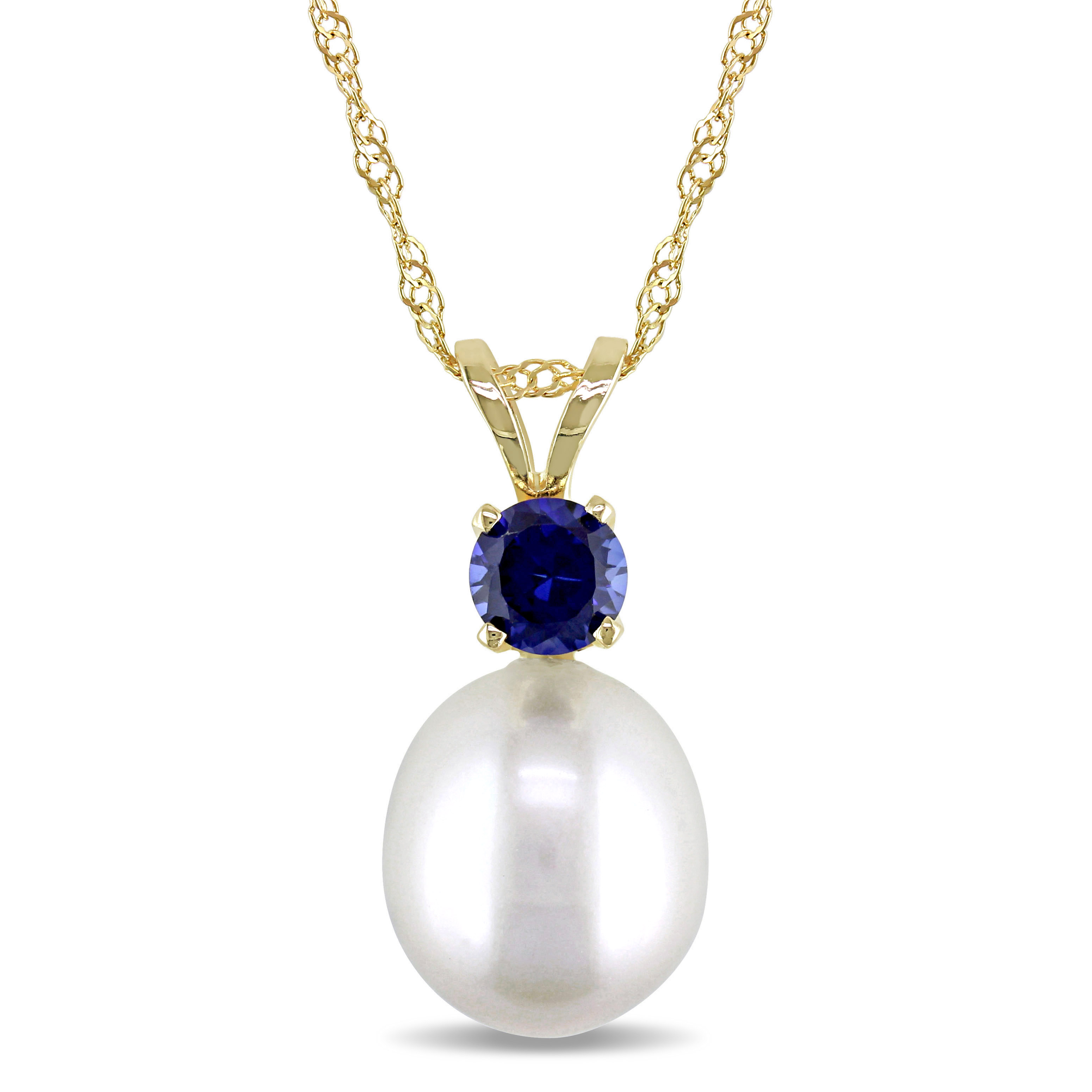 8 - 8.5 MM Cultured Freshwater Pearl and Sapphire Pendant With Chain in 14k Yellow Gold