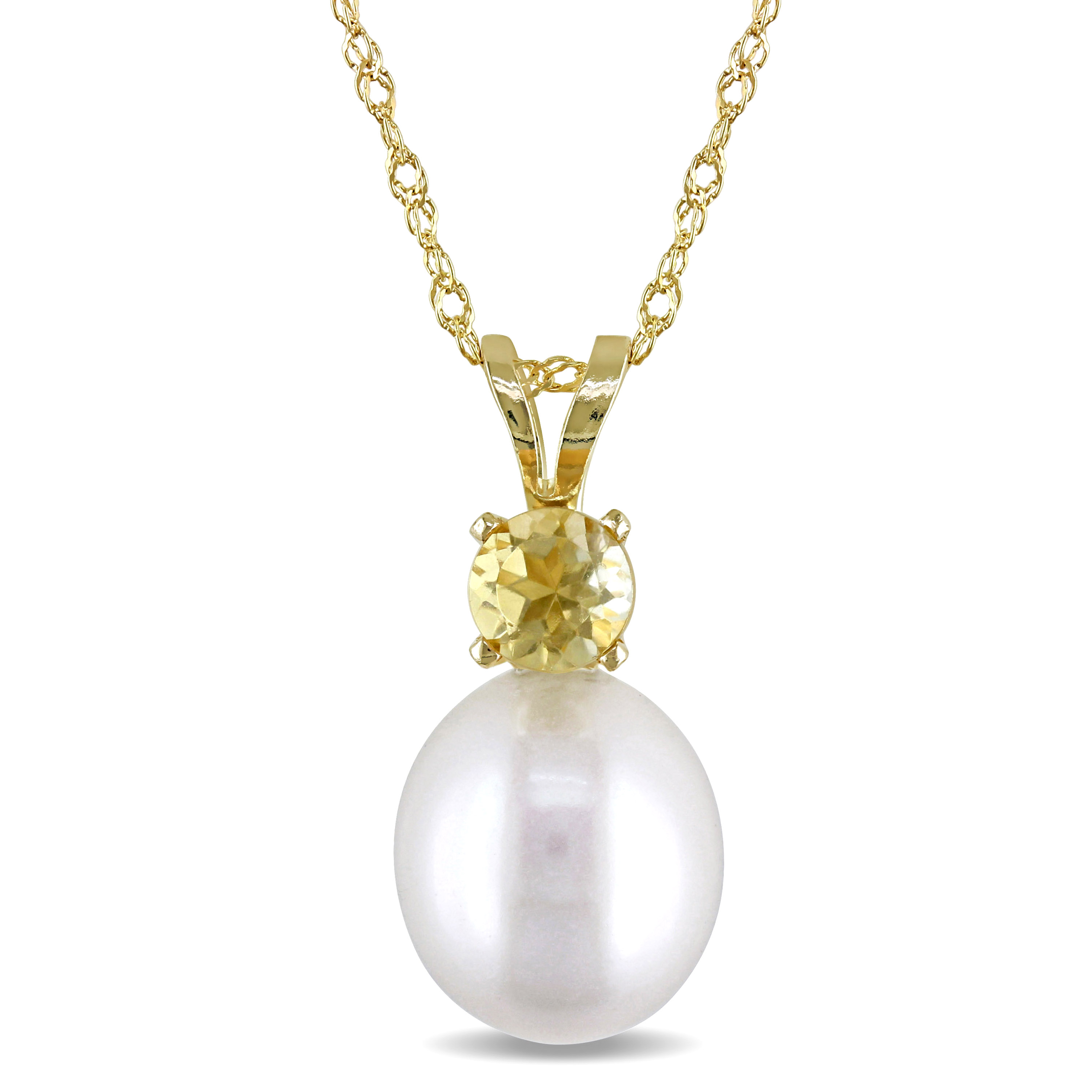 8 - 8.5 MM Cultured Freshwater Pearl and Citrine Pendant With Chain in 14k Yellow Gold