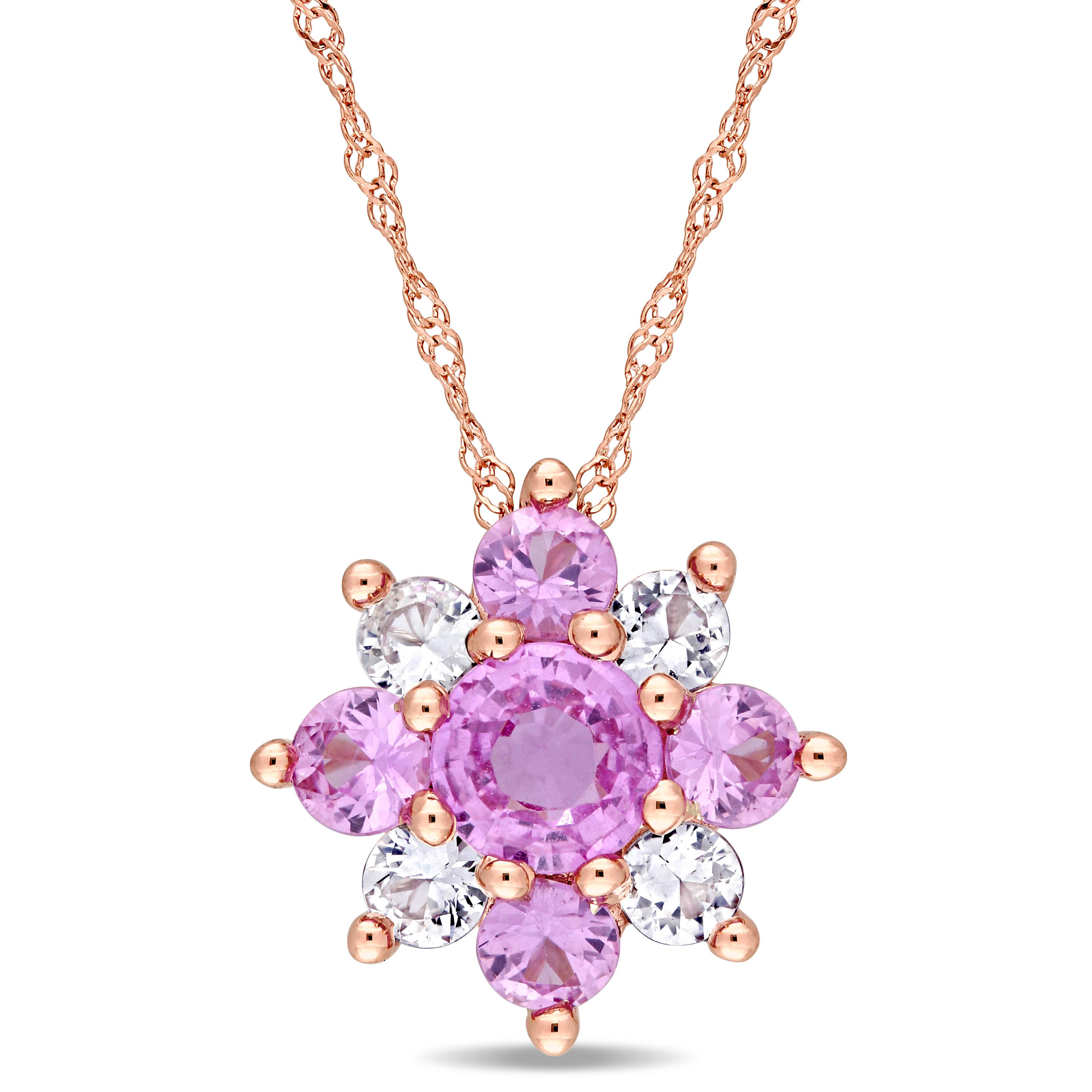 Pink and White Sapphire Cluster Star Pendant with Chain in 14k Rose Gold