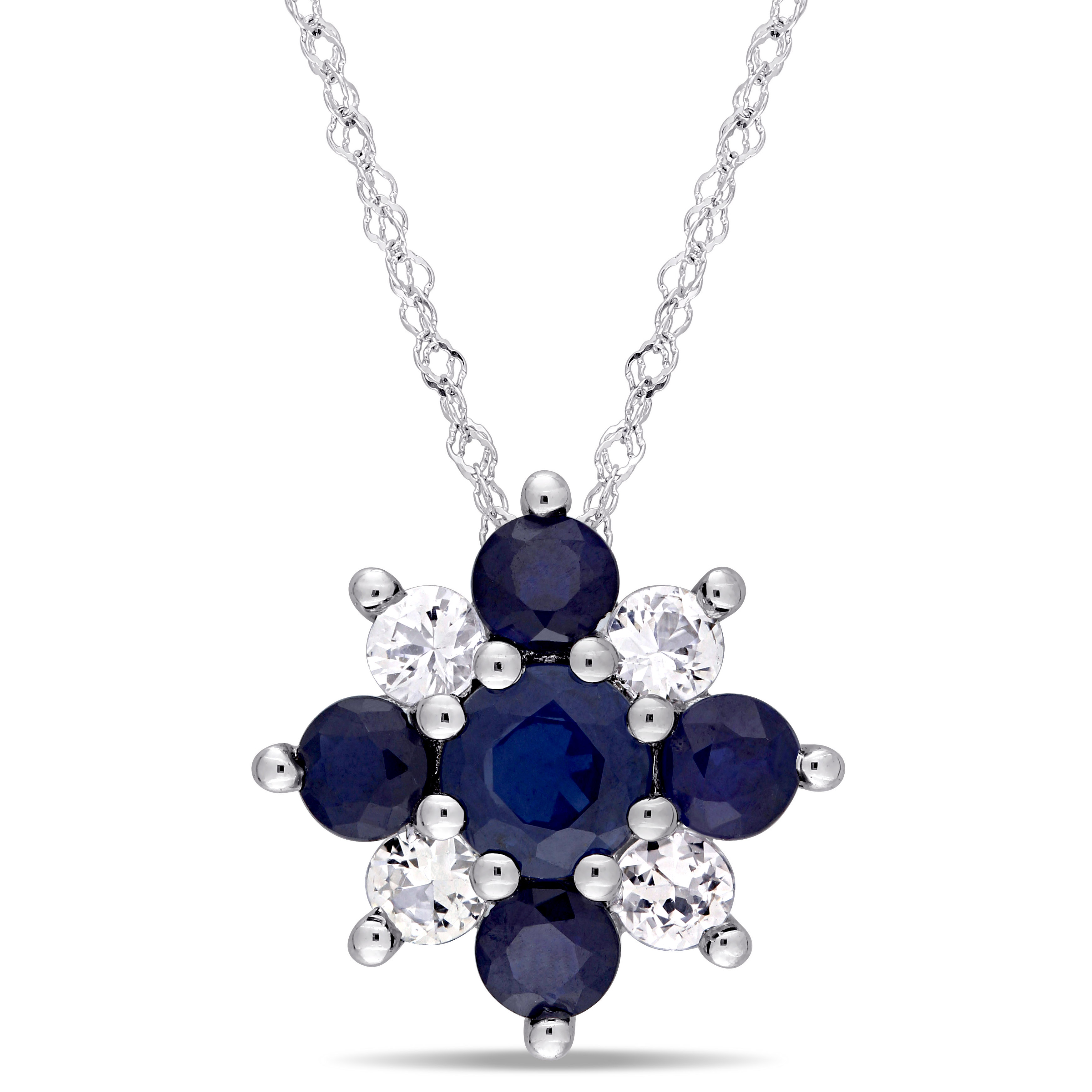 Blue and White Sapphire Flower Star Pendant with Chain in 14k White Gold