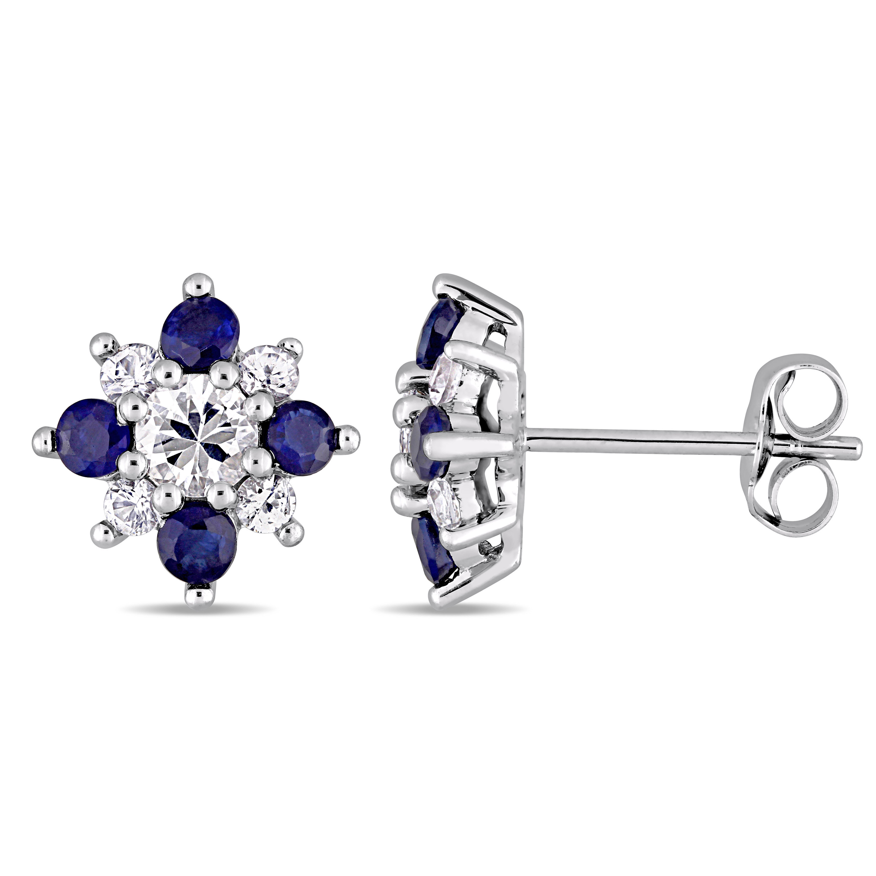 1 3/5 CT TGW Blue and White Sapphire Floral Stud Earrings in 14k White Gold
