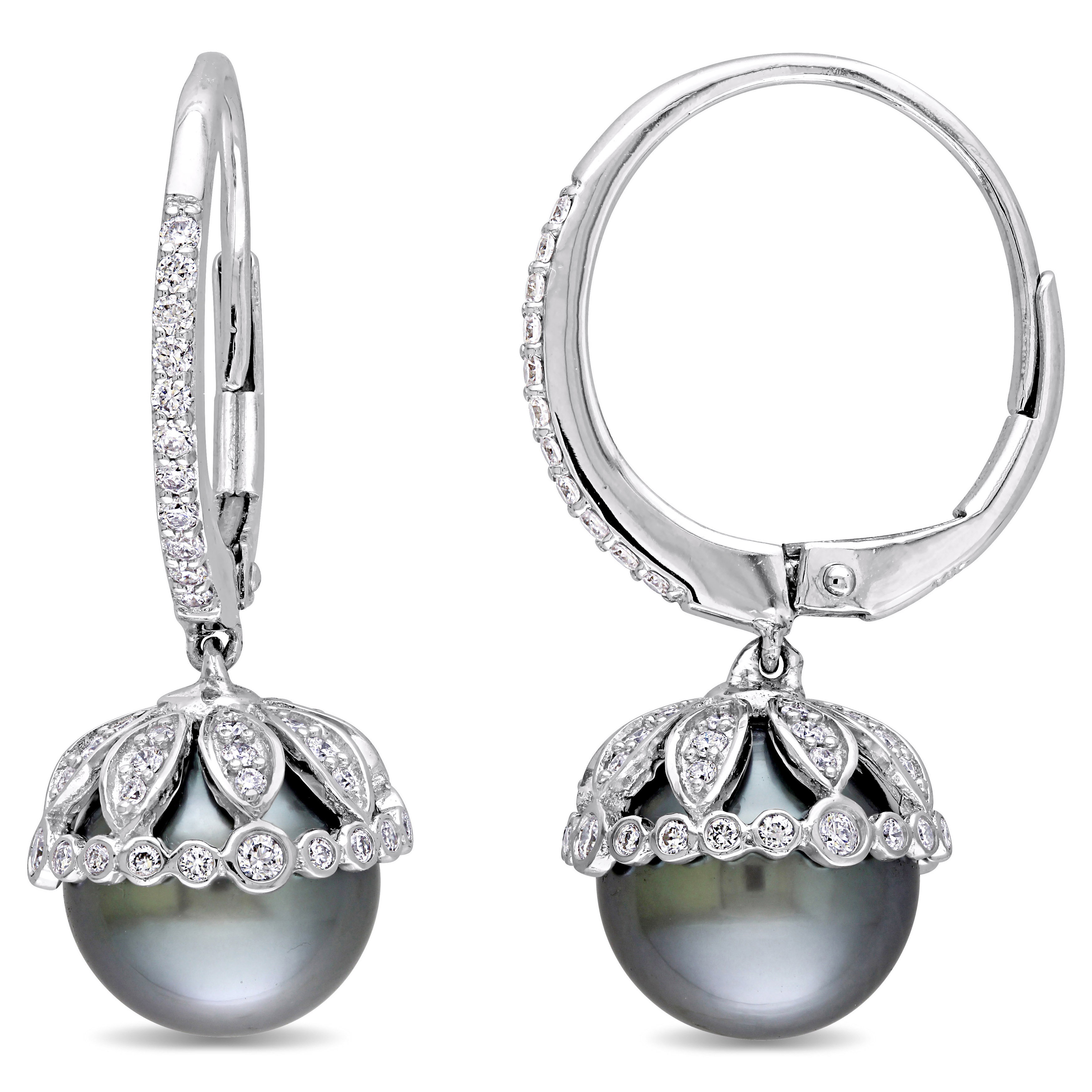 9-9.5 MM Black Tahitian Cultured Pearl and 1/2 CT TW Diamond Floral Drop Leverback Earrings in 14k White Gold