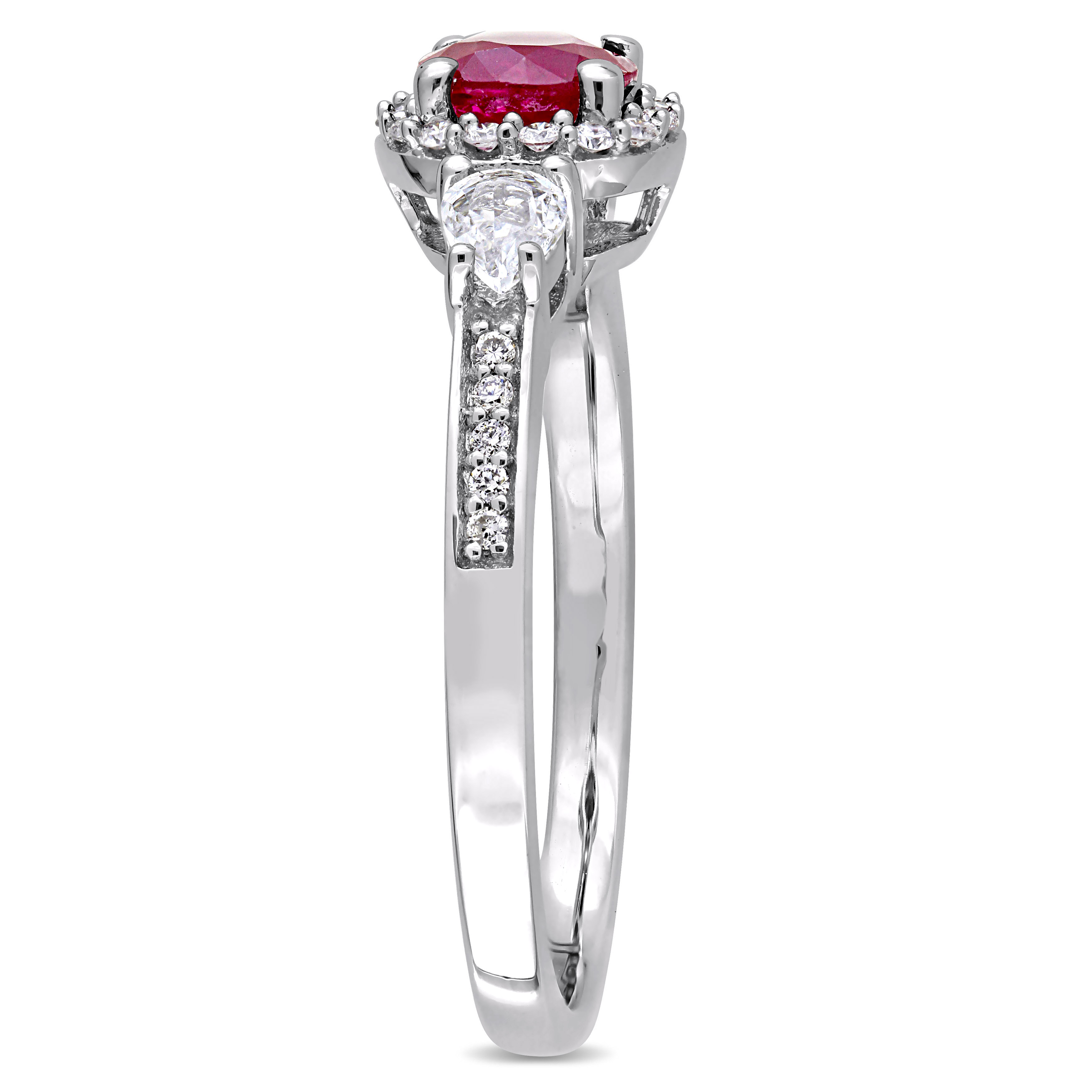 Round Ruby and Pear Shape White Sapphire 3-Stone Ring with 1/8 CT TW Diamond Halo and Accent in 14k White Gold