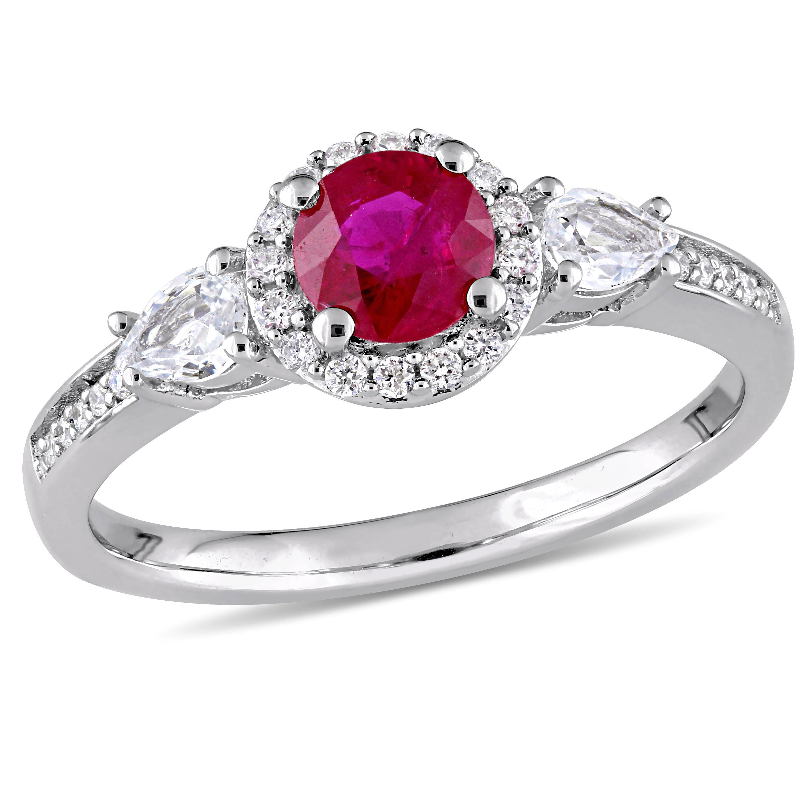 Round Ruby and Pear Shape White Sapphire 3-Stone Ring with 1/8 CT TW Diamond Halo and Accent in 14k White Gold