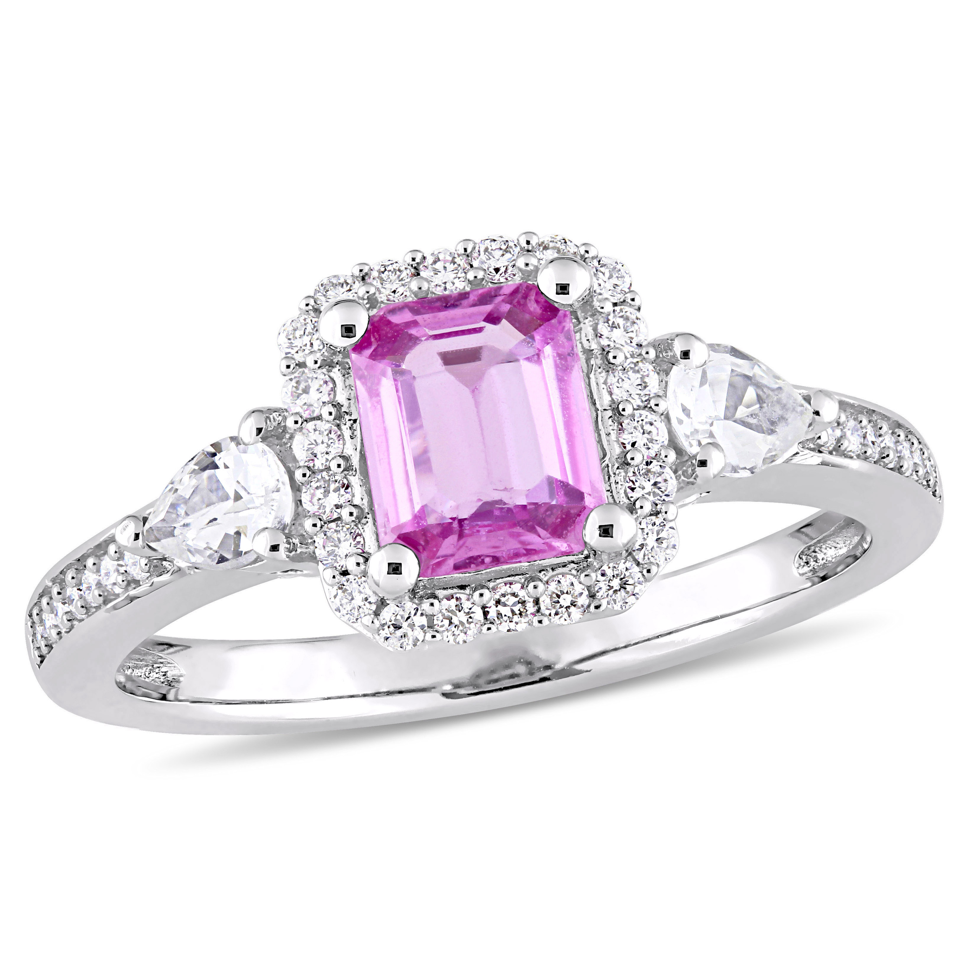 Octagon Shape Pink Sapphire, Pear Shape White Sapphire and 1/6 CT TW Diamond Halo 3-Stone Ring in 14k White Gold
