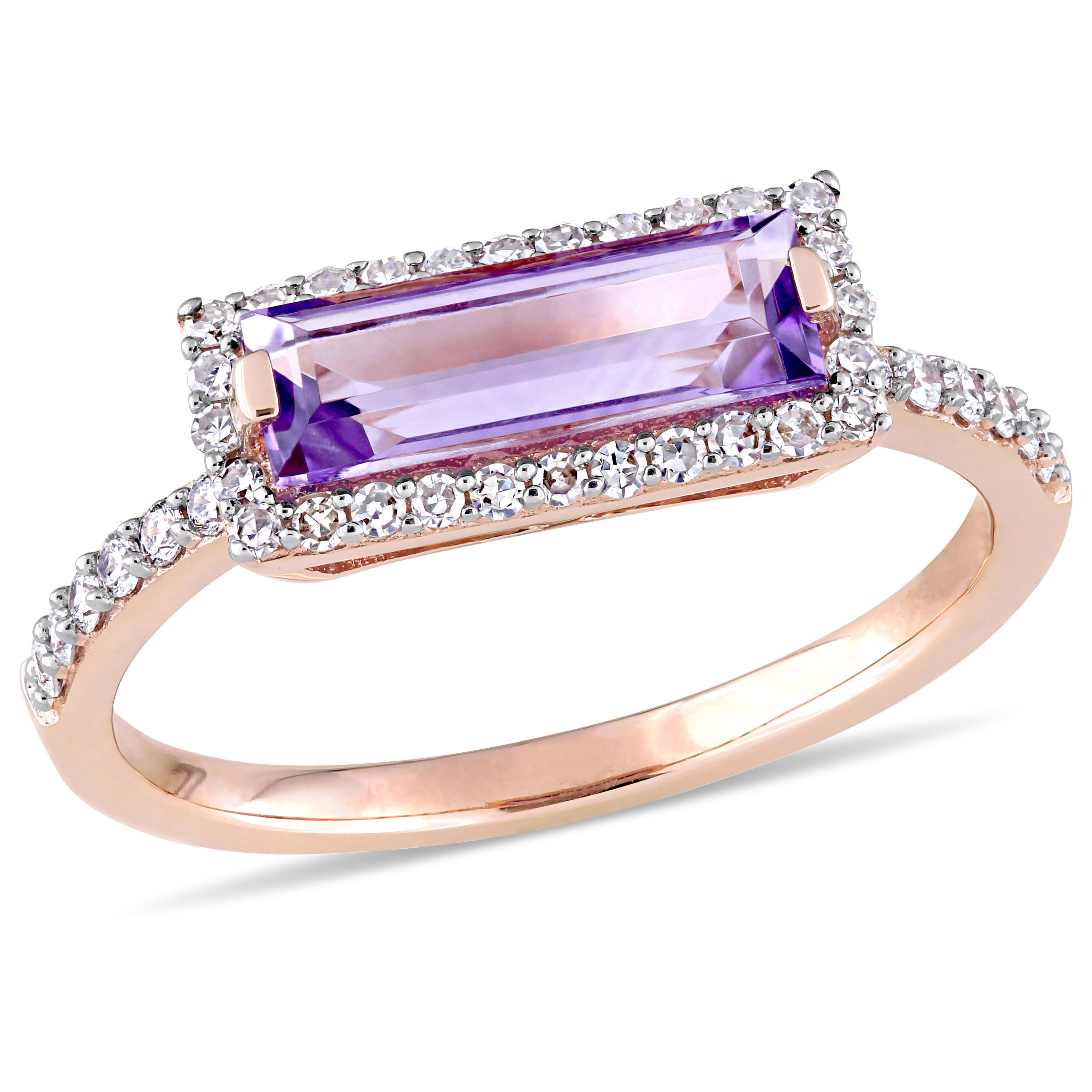 Baguette Cut Amethyst and 1/4 CT TW Diamond Halo Ring in 14k Rose Gold