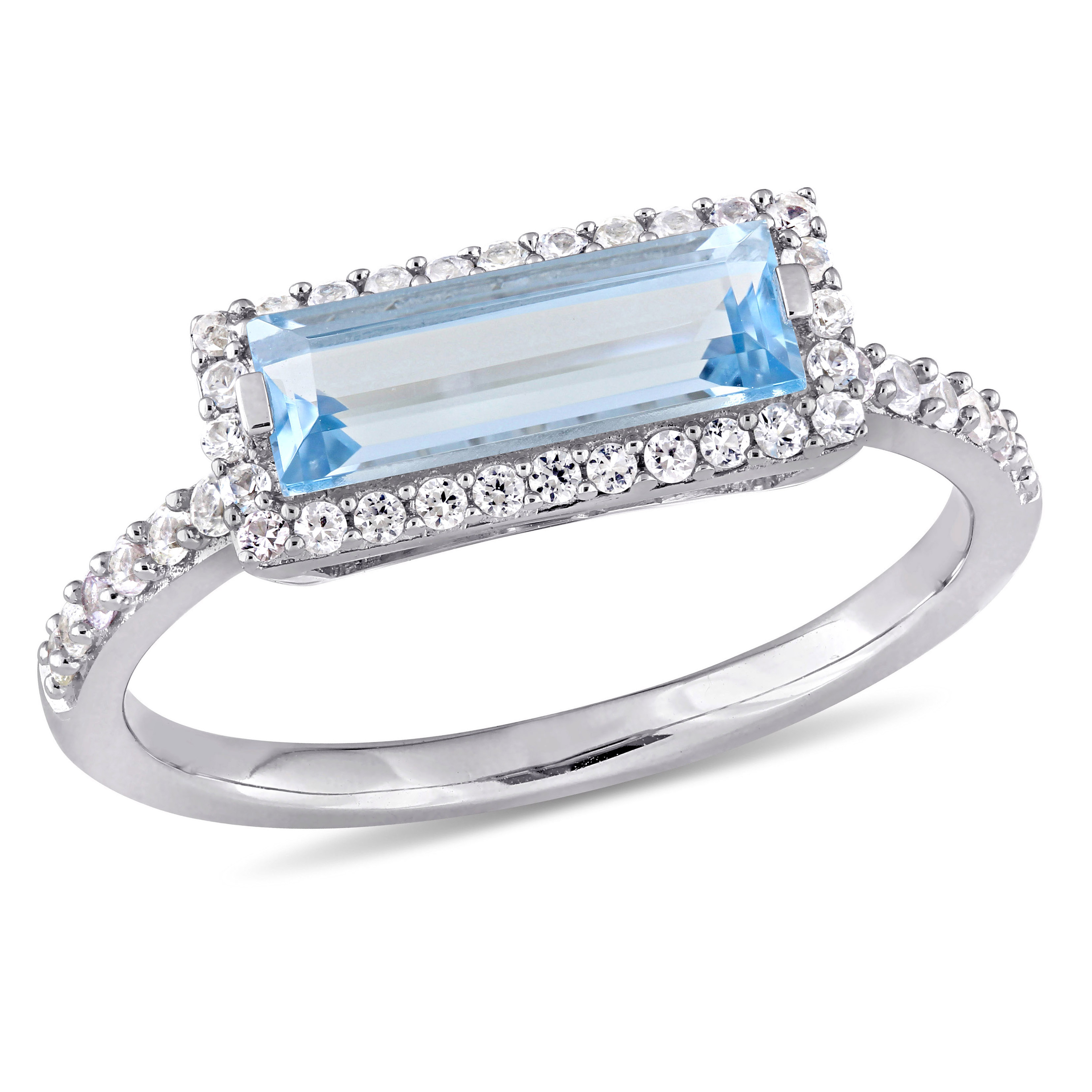 Baguette-Cut Blue Topaz and White Sapphire Halo Ring in Sterling Silver