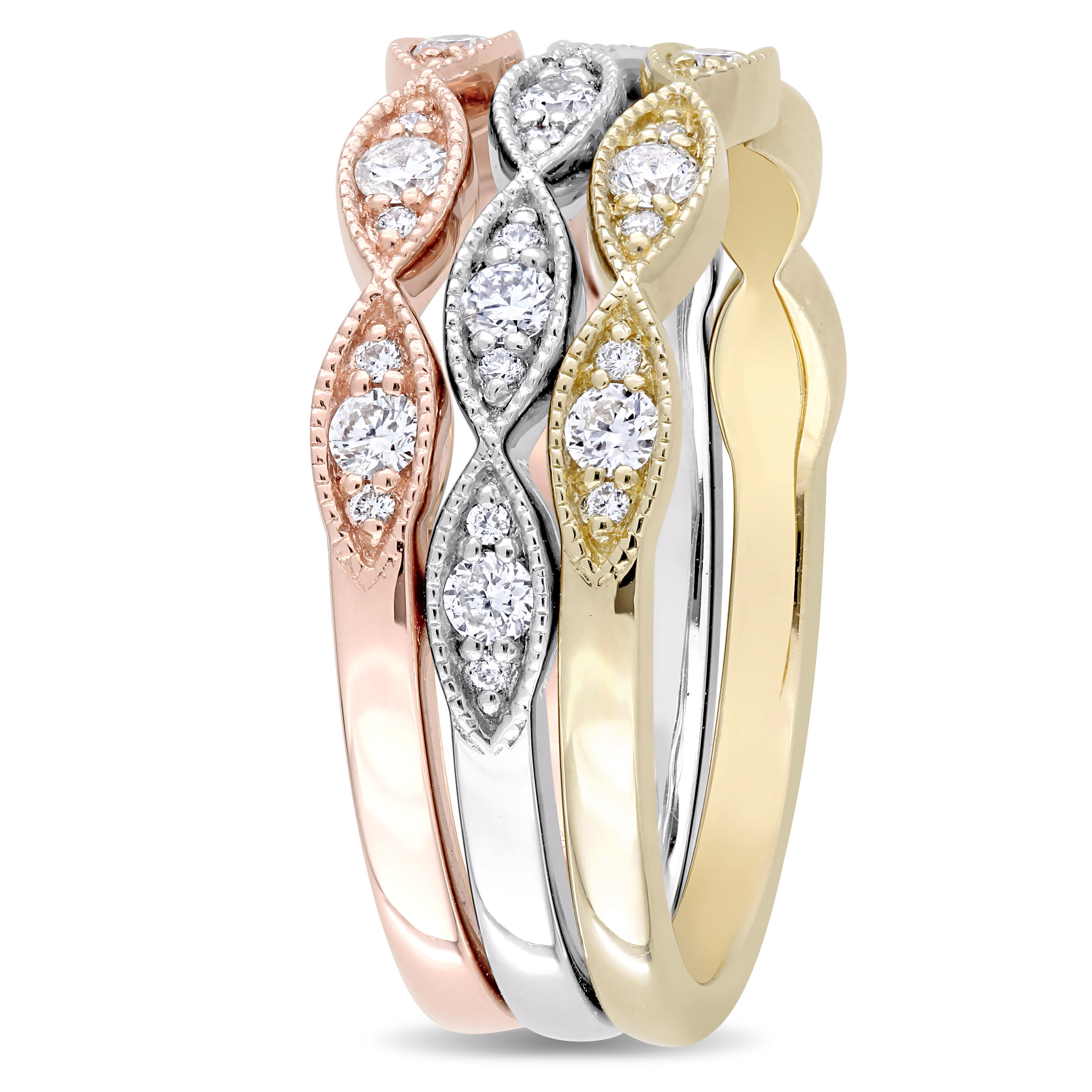 1/2 CT TW Diamond 3-Pc Stacking Ring Set in 3- Tone 14k White, Rose and Yellow Gold