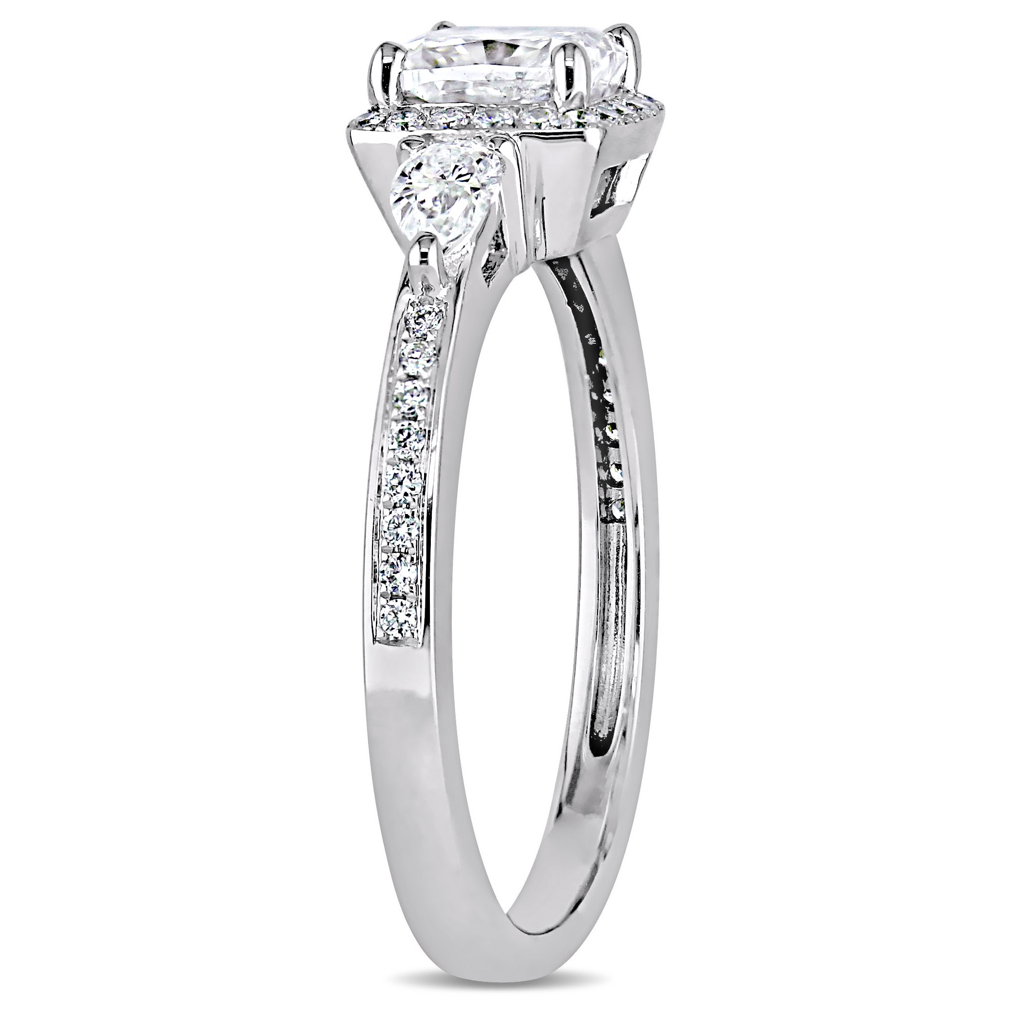 1 3/8 CT TW Cushion and Pear Cut 3 Stone Engagement Ring with Diamond Accent and Halo in 14k White Gold