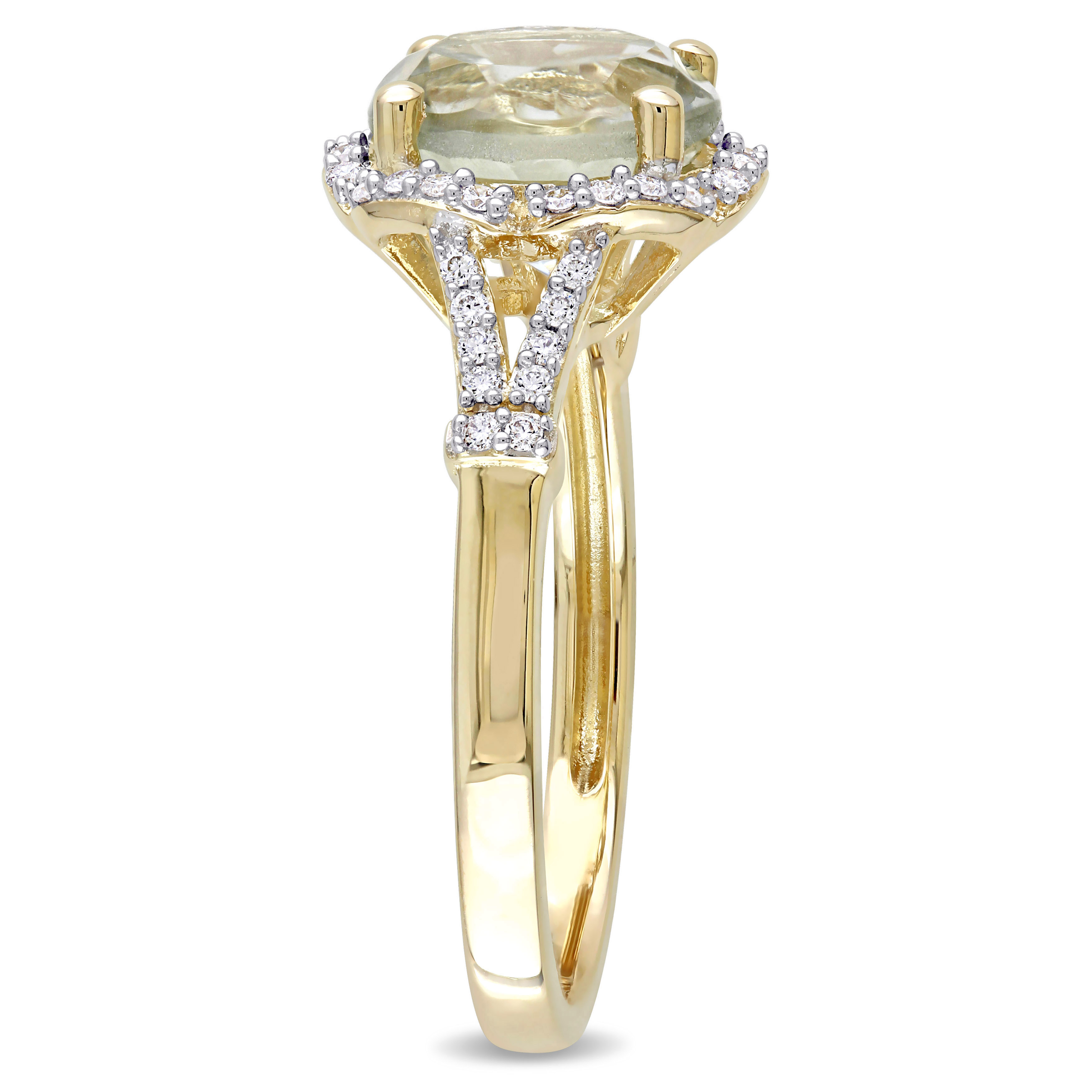 2 4/5 CT TGW Round-Shaped Green Quartz and 1/5ct TDW Diamond Halo Floral Ring in 14k Yellow Gold