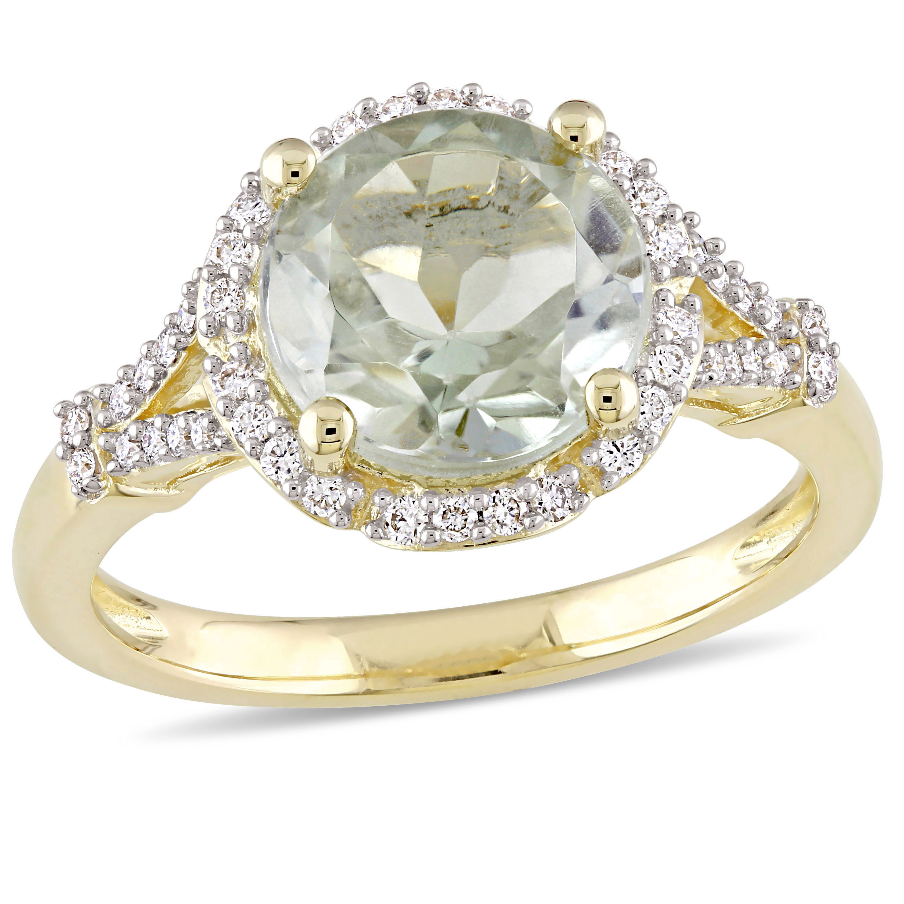 2 4/5 CT TGW Round-Shaped Green Quartz and 1/5ct TDW Diamond Halo Floral Ring in 14k Yellow Gold