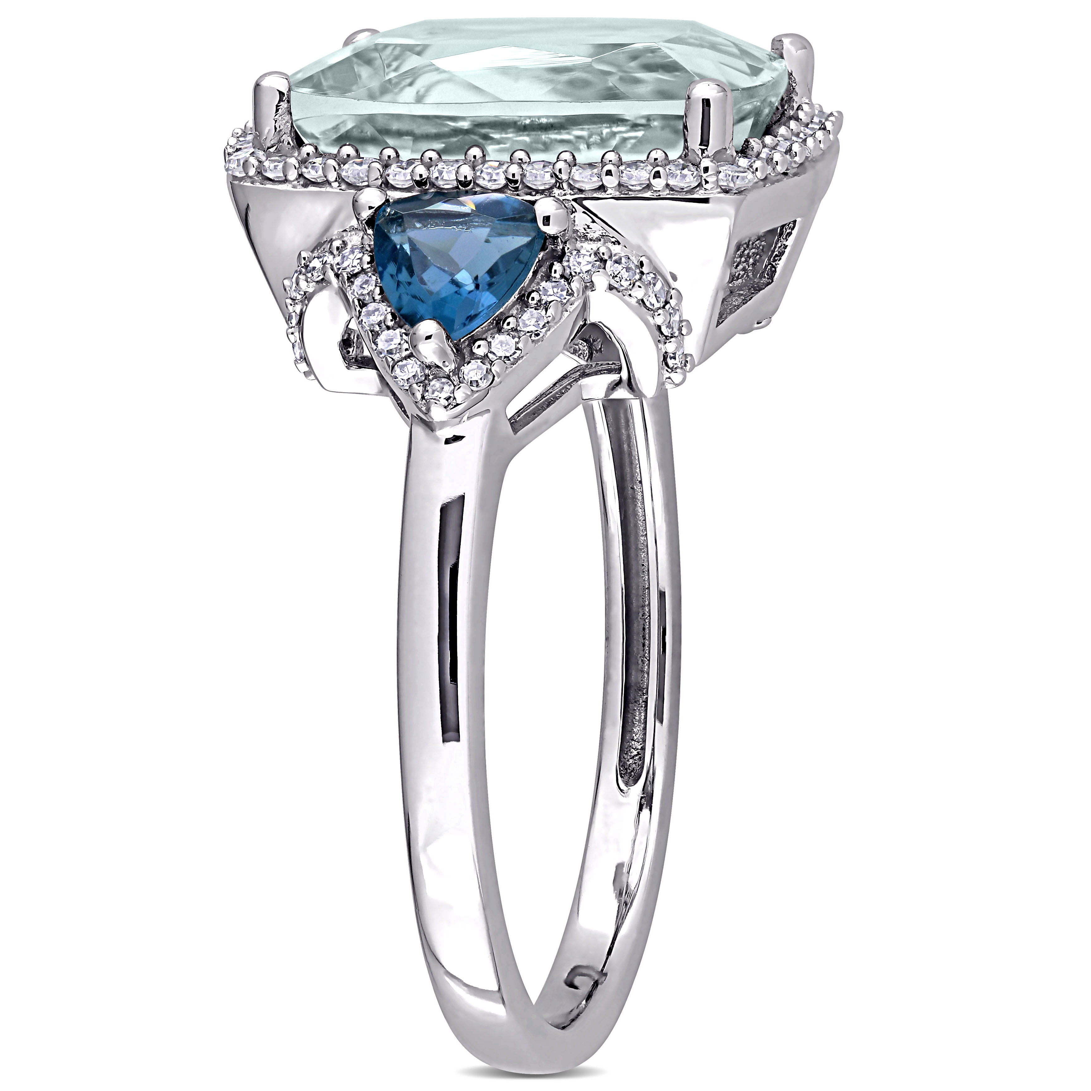 5 5/8 CT TGW Aquamarine London-Blue Topaz and 1/3 CT TW Diamond 3-Stone Halo Ring in 14k White Gold