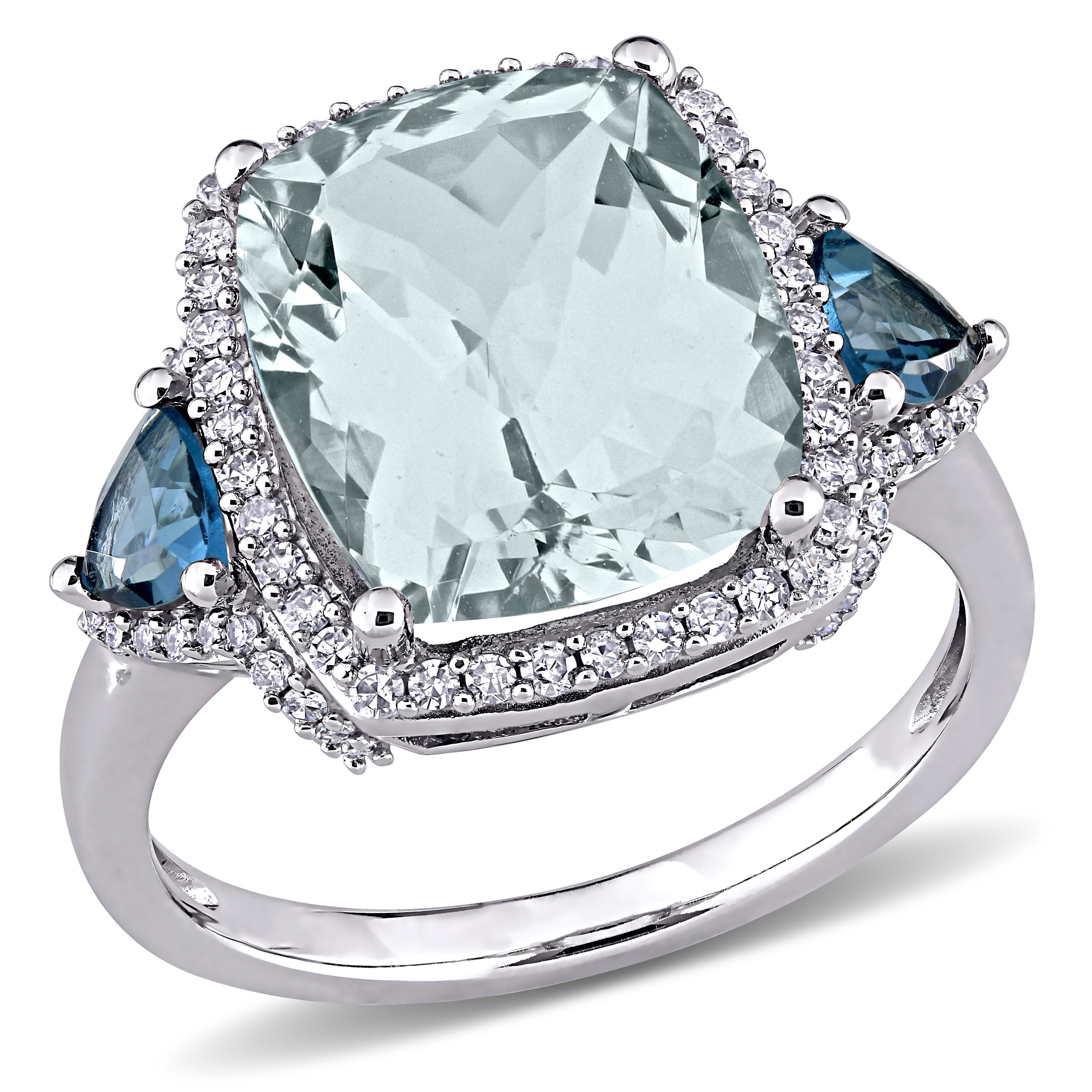 5 5/8 CT TGW Aquamarine London-Blue Topaz and 1/3 CT TW Diamond 3-Stone Halo Ring in 14k White Gold