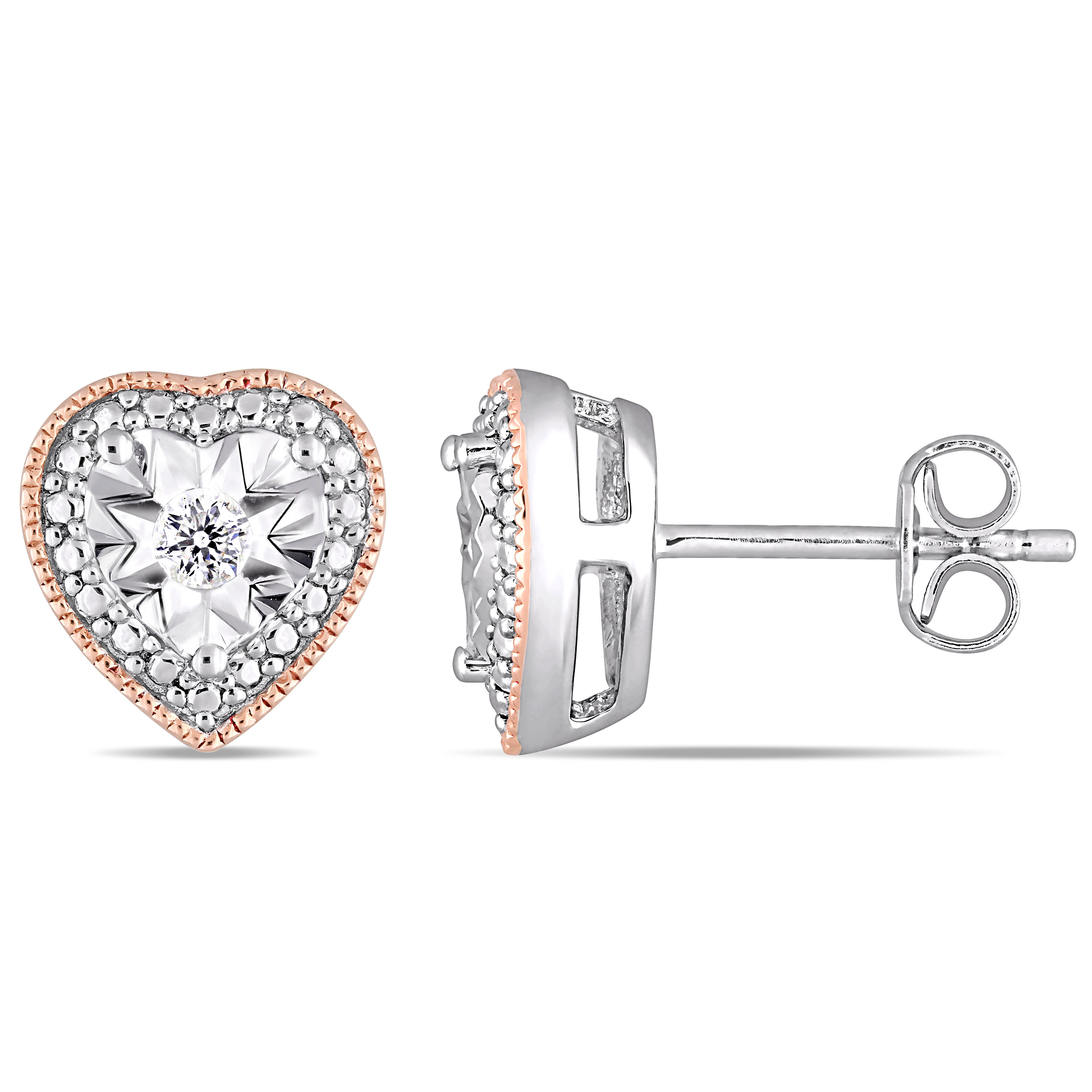 1/10 CT TW Diamond Milgrain Filigree Heart Stud Earrings in Two-Tone Sterling Silver