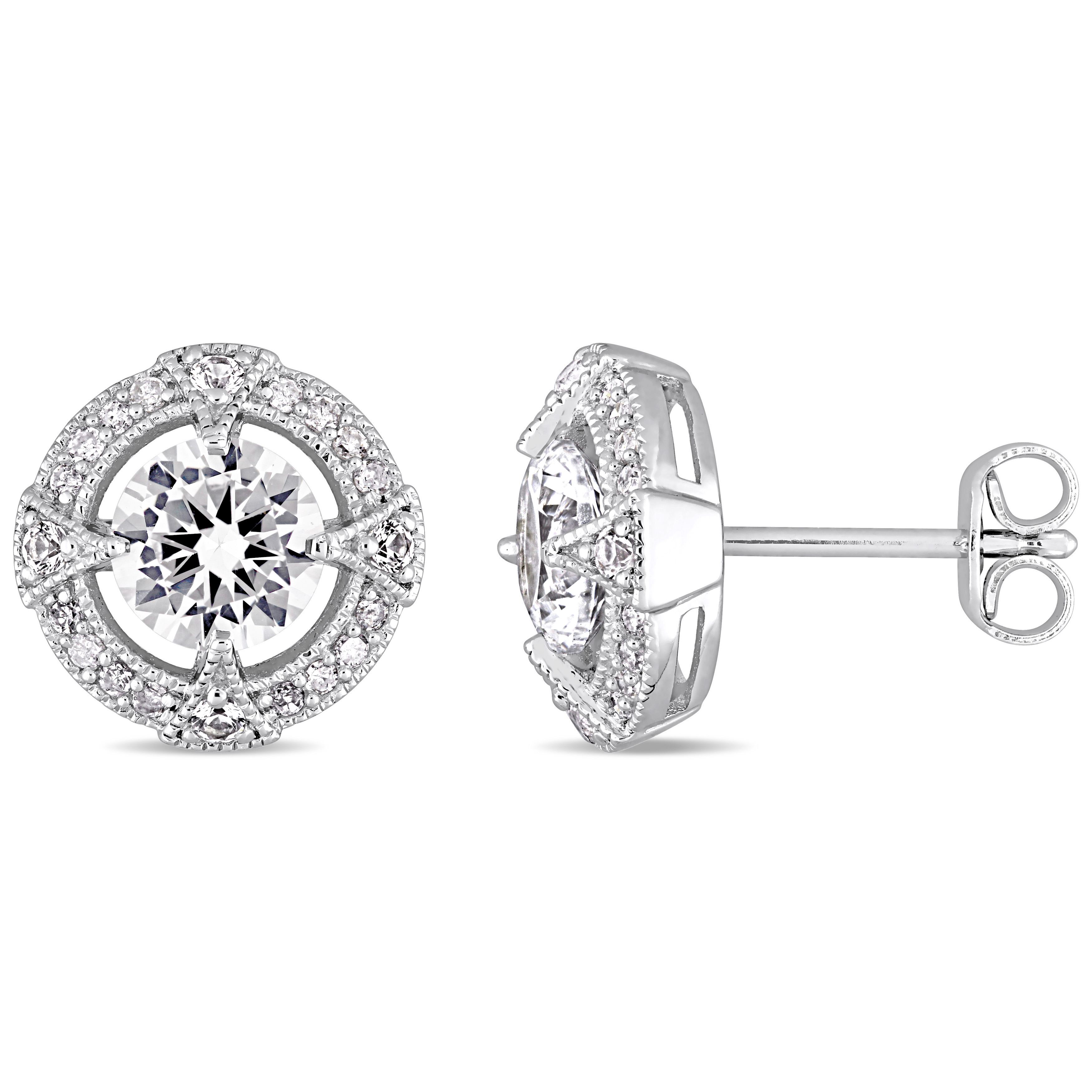 2 1/5 CT TGW Created White Sapphire and 1/6 CT TW Diamond Circular Halo Stud Earrings in Sterling Silver