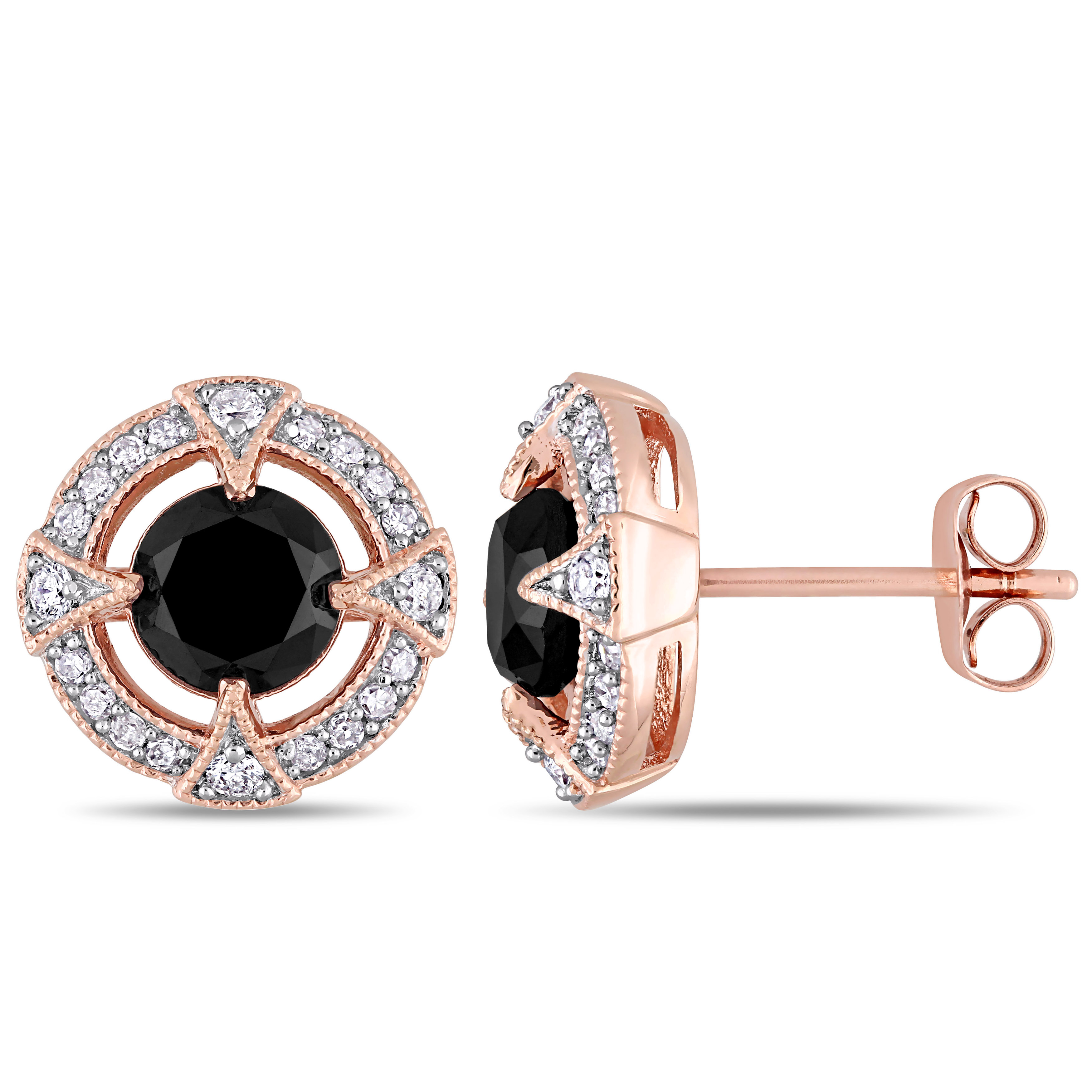 2 1/5 CT TW Black and White Diamond Halo Stud Earrings in 10k Rose Gold