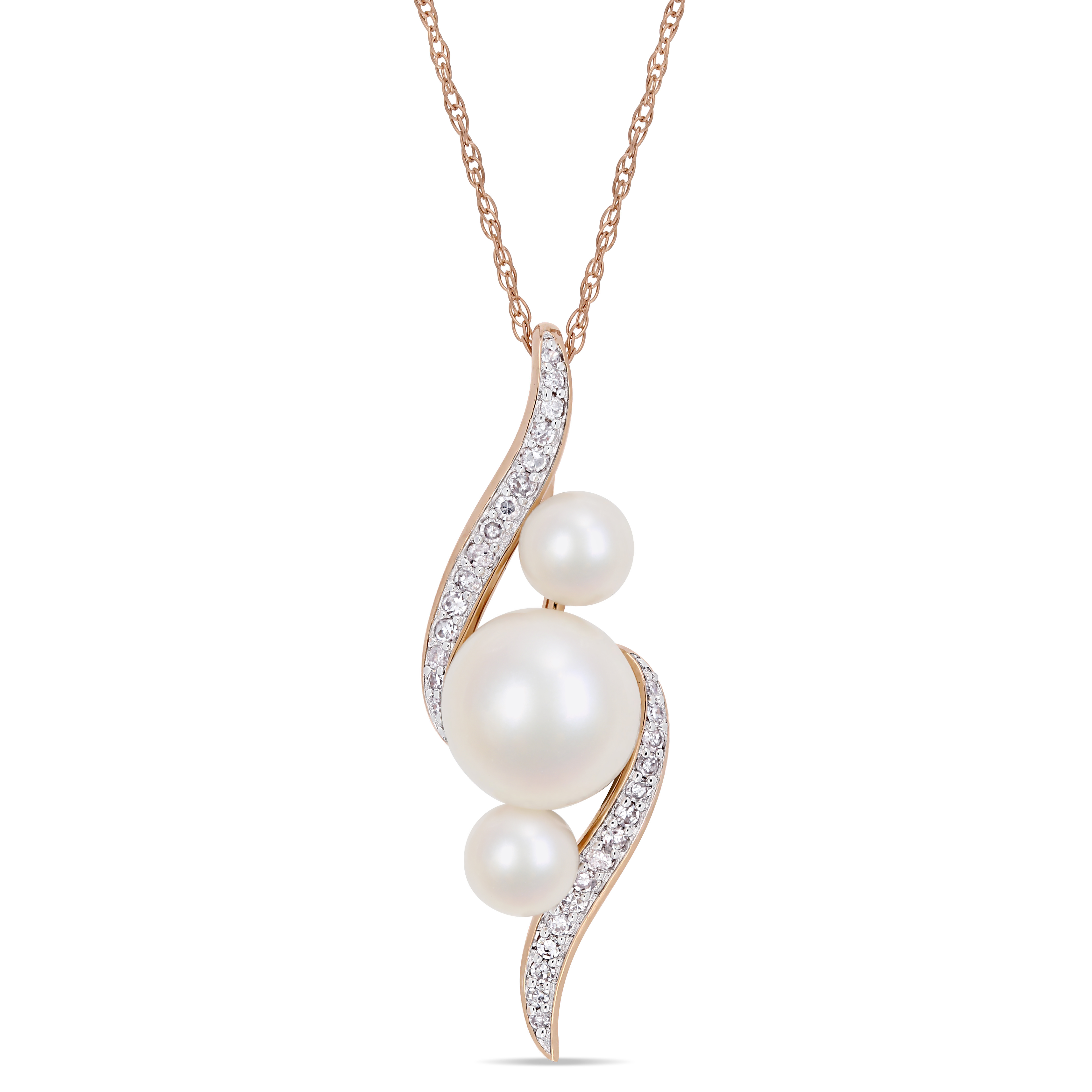 8-8.5 MM Cultured Freshwater Pearl and 1/8 CT TW Diamond Drop Swirl Necklace in 10k Rose Gold