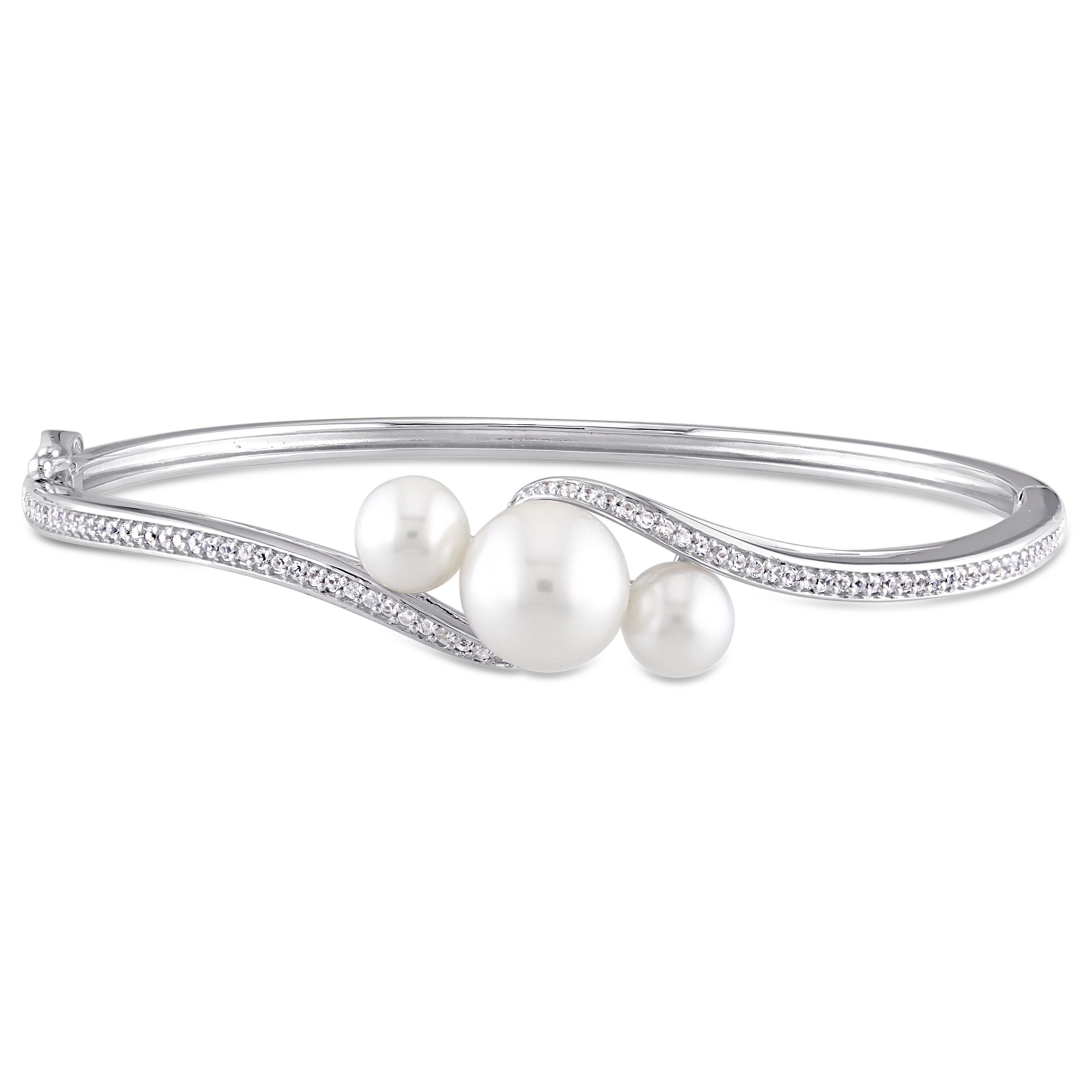 6-9.5mm Cultured Freshwater Pearl and 4/5ct TGW Created White Sapphire Bangle in Sterling Silver - 7 in
