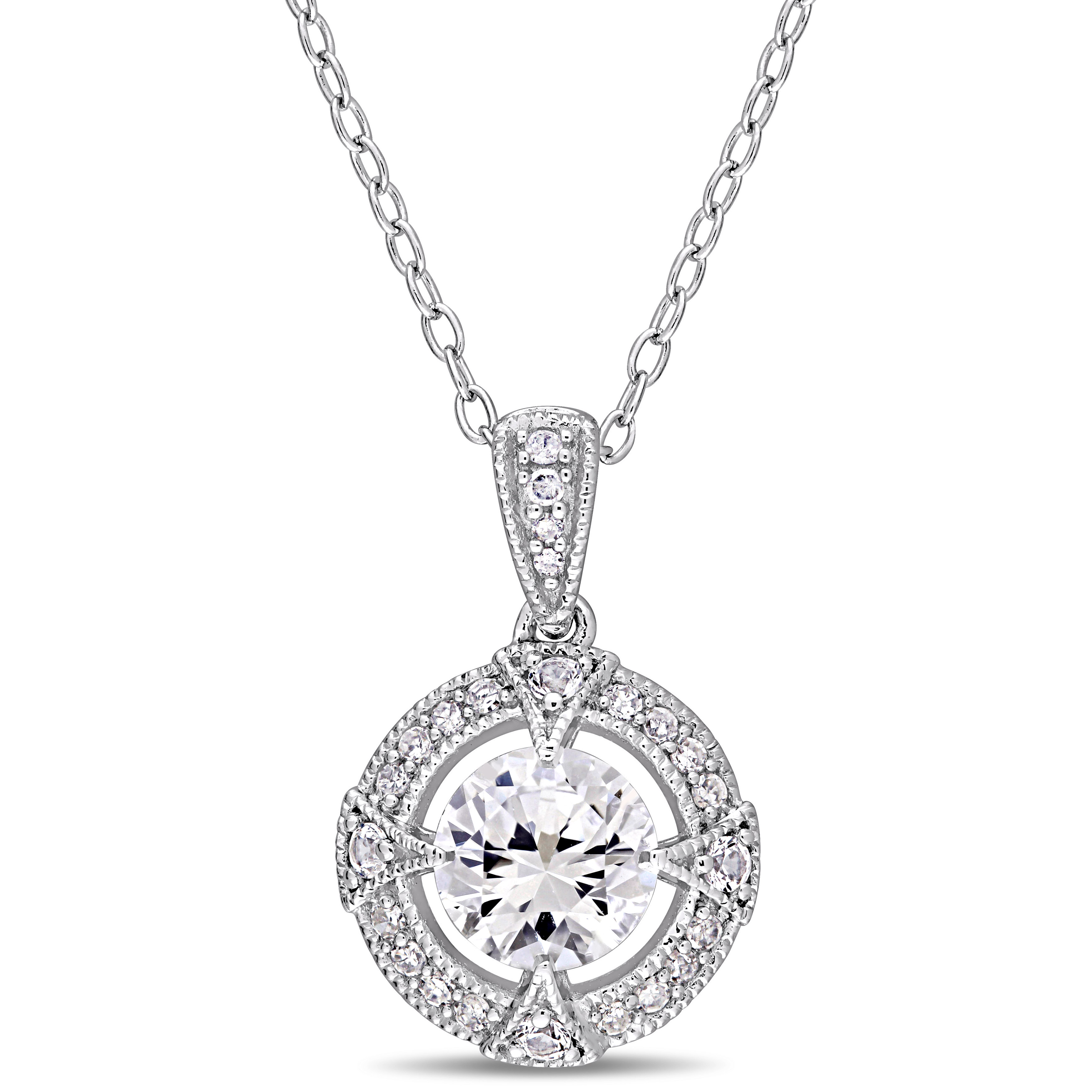 1 1/10 CT TGW Created White Sapphire and 1/10 CT TW Diamond Circular Halo Pendant with Chain in Sterling Silver