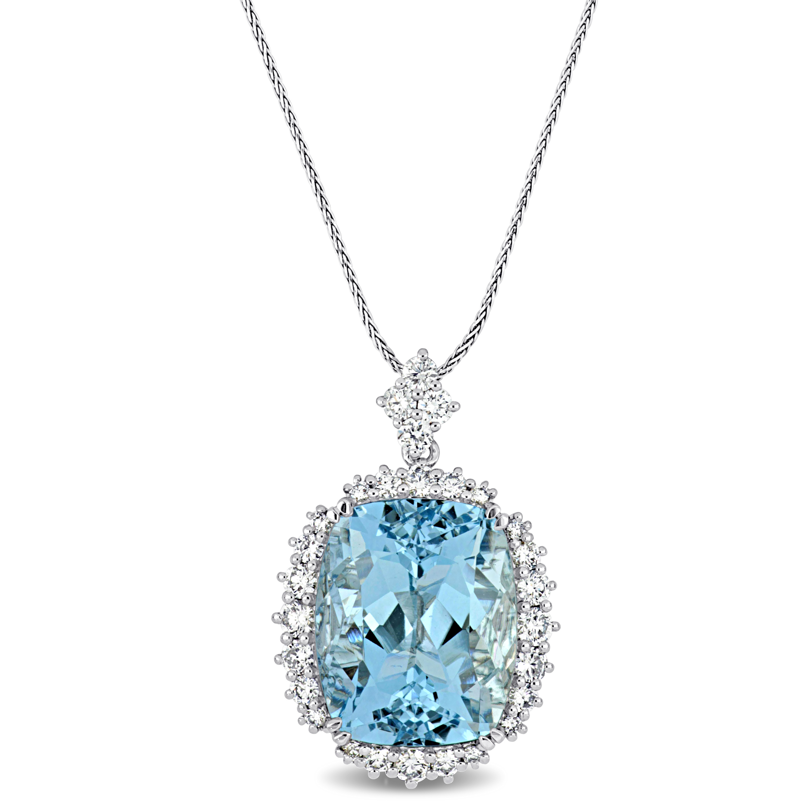 14 3/4 CT TGW Aquamarine and 1 1/10 CT TW Diamond Halo Necklace in 14k White Gold