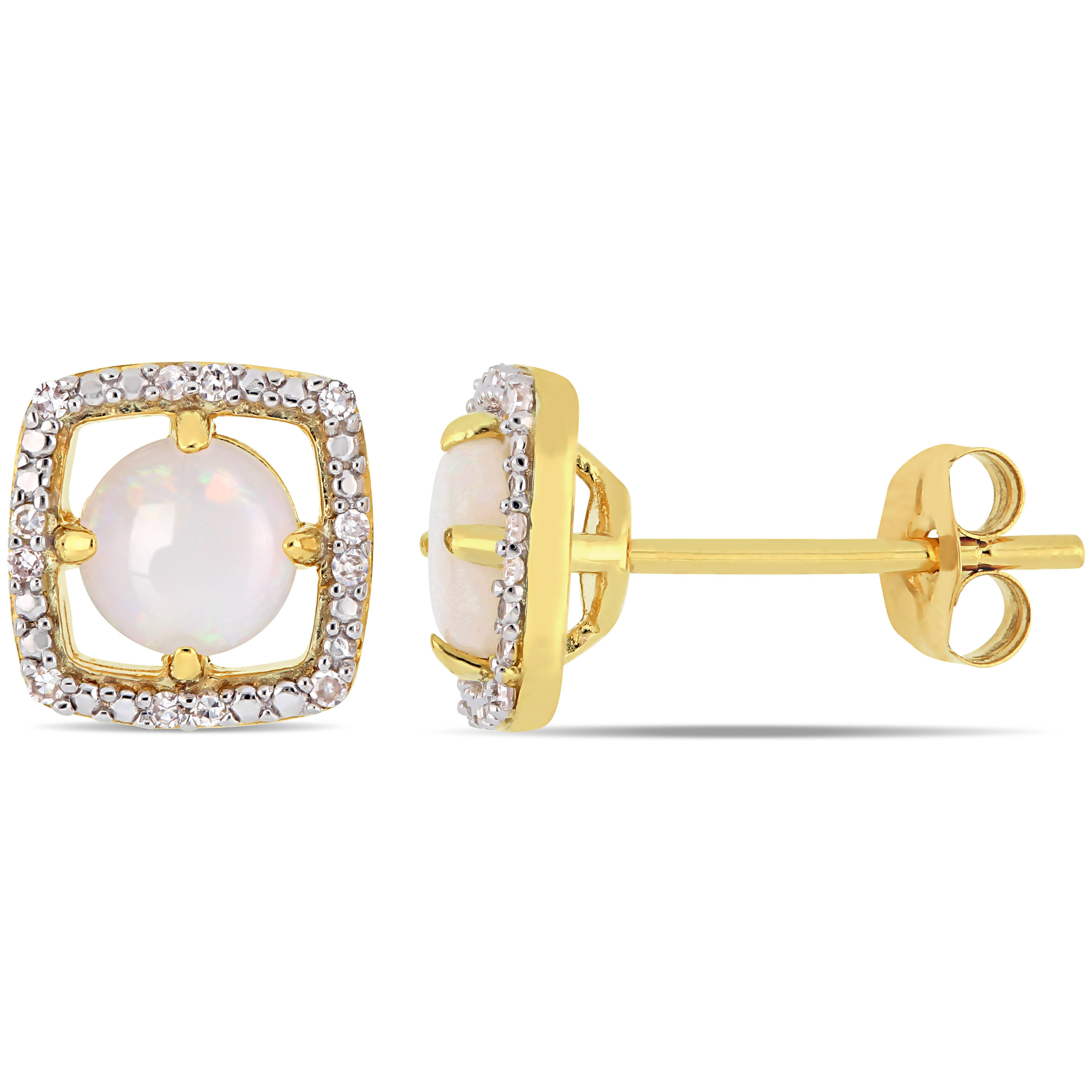 5/8 CT TGW Opal and Diamond Accent Floating Square Halo Stud Earrings in 10k Yellow Gold