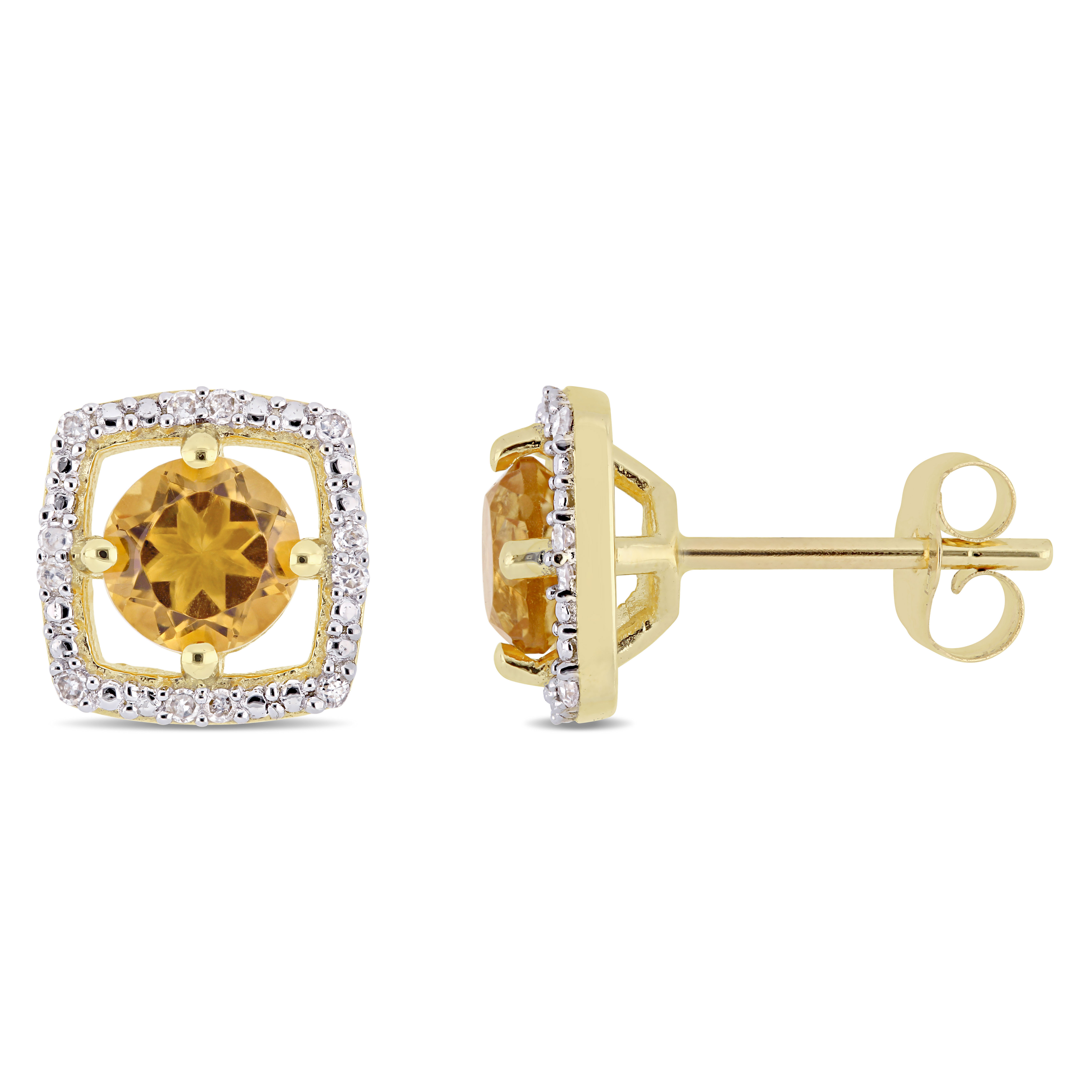 7/8 CT TGW Citrine and Diamond Halo Square Stud Earrings in 10k Yellow Gold