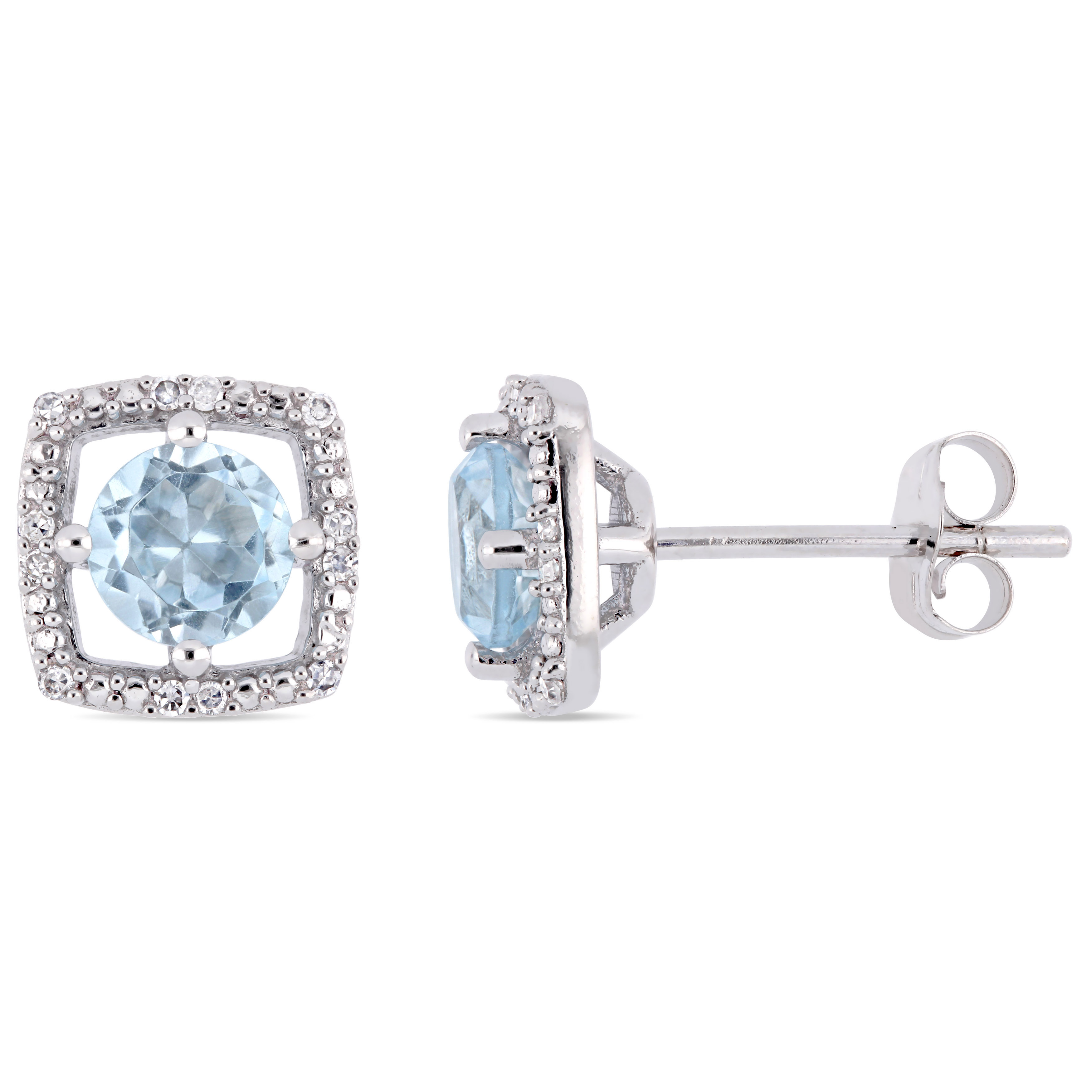 1 CT TGW Sky Blue Topaz and Diamond Halo Square Stud Earrings in 10k White Gold