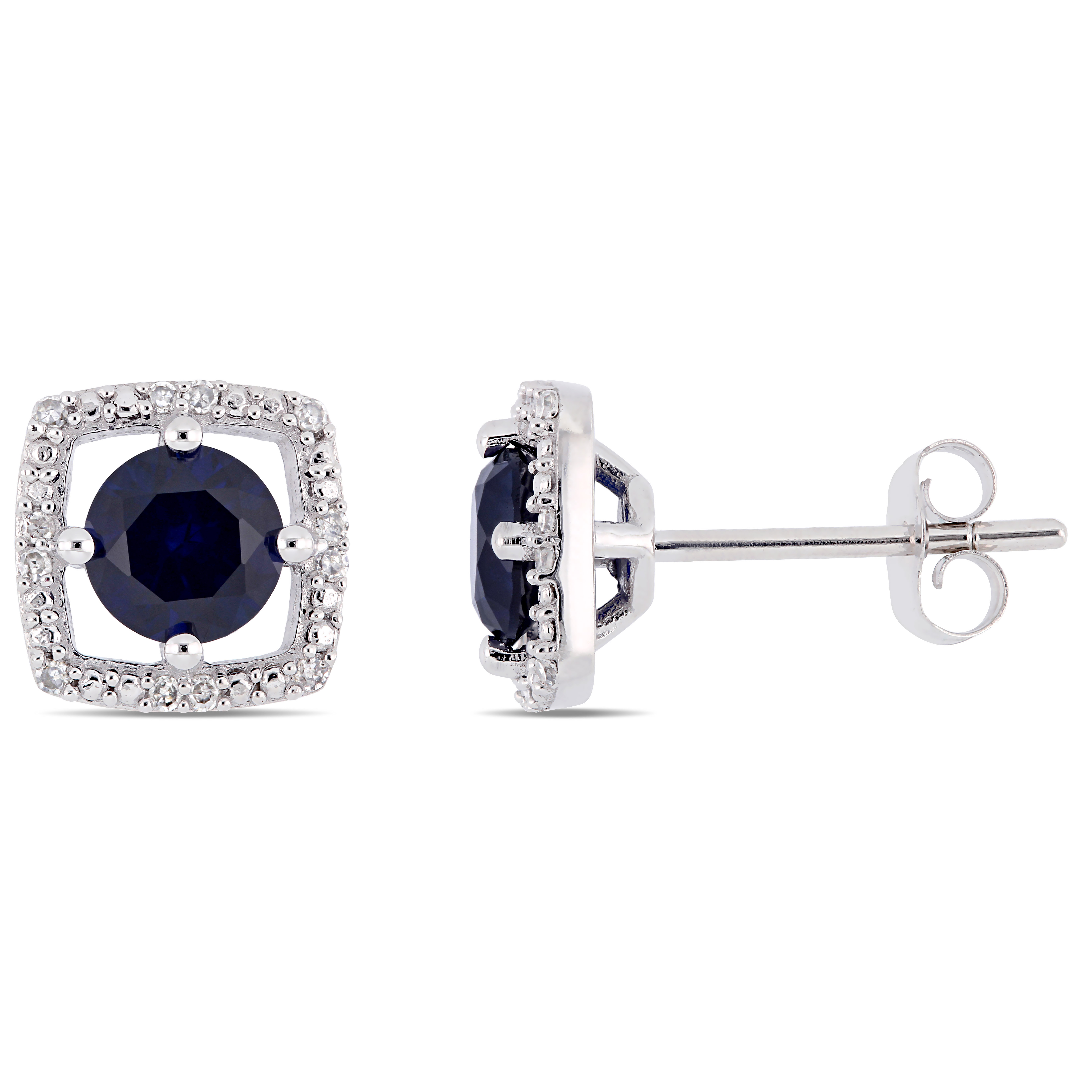 1 1/6 CT TGW Created Sapphire and Diamond Halo Square Stud Earrings in 10k White Gold