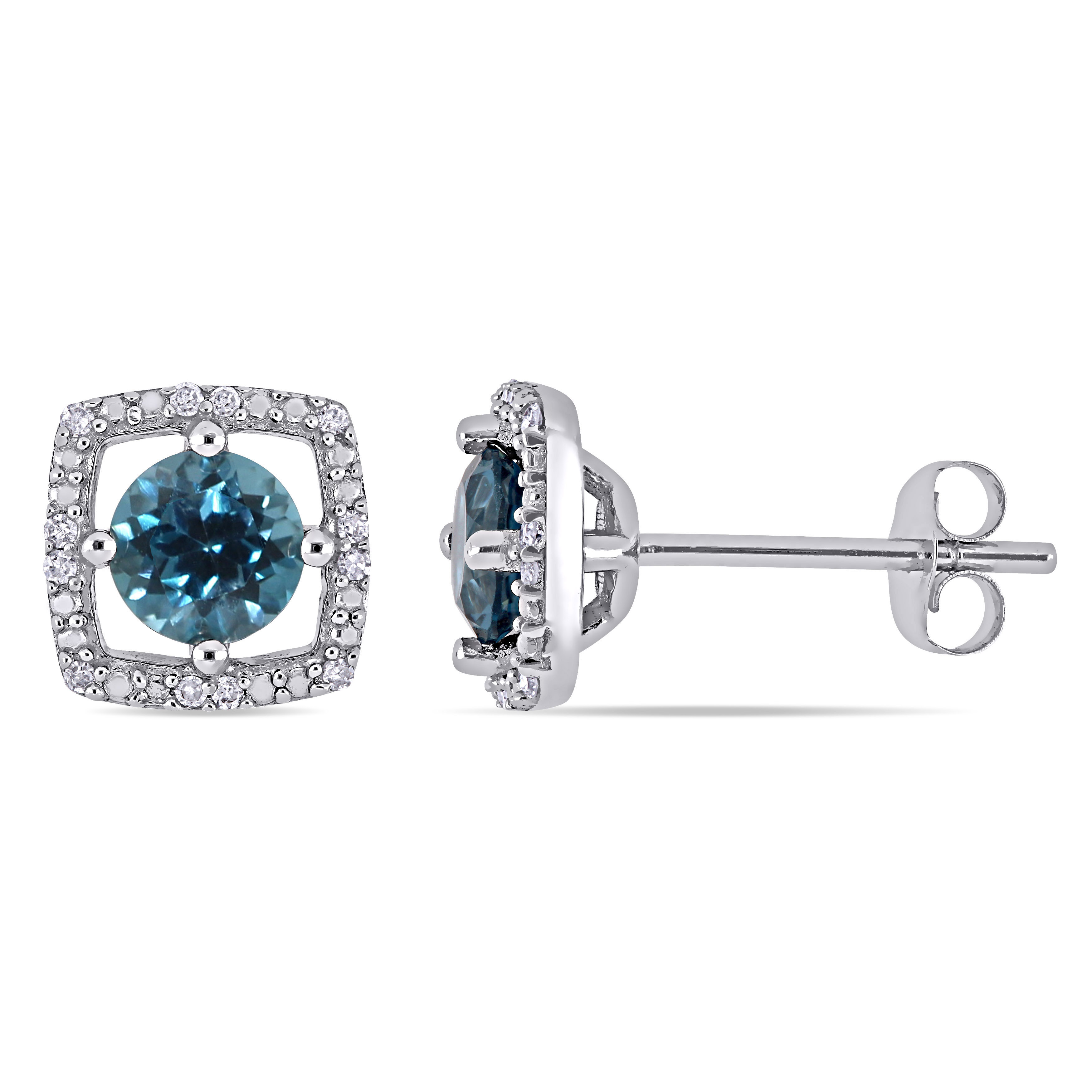 1 1/8 CT TGW London Blue Topaz and Diamond Square Stud Earrings in 10k White Gold