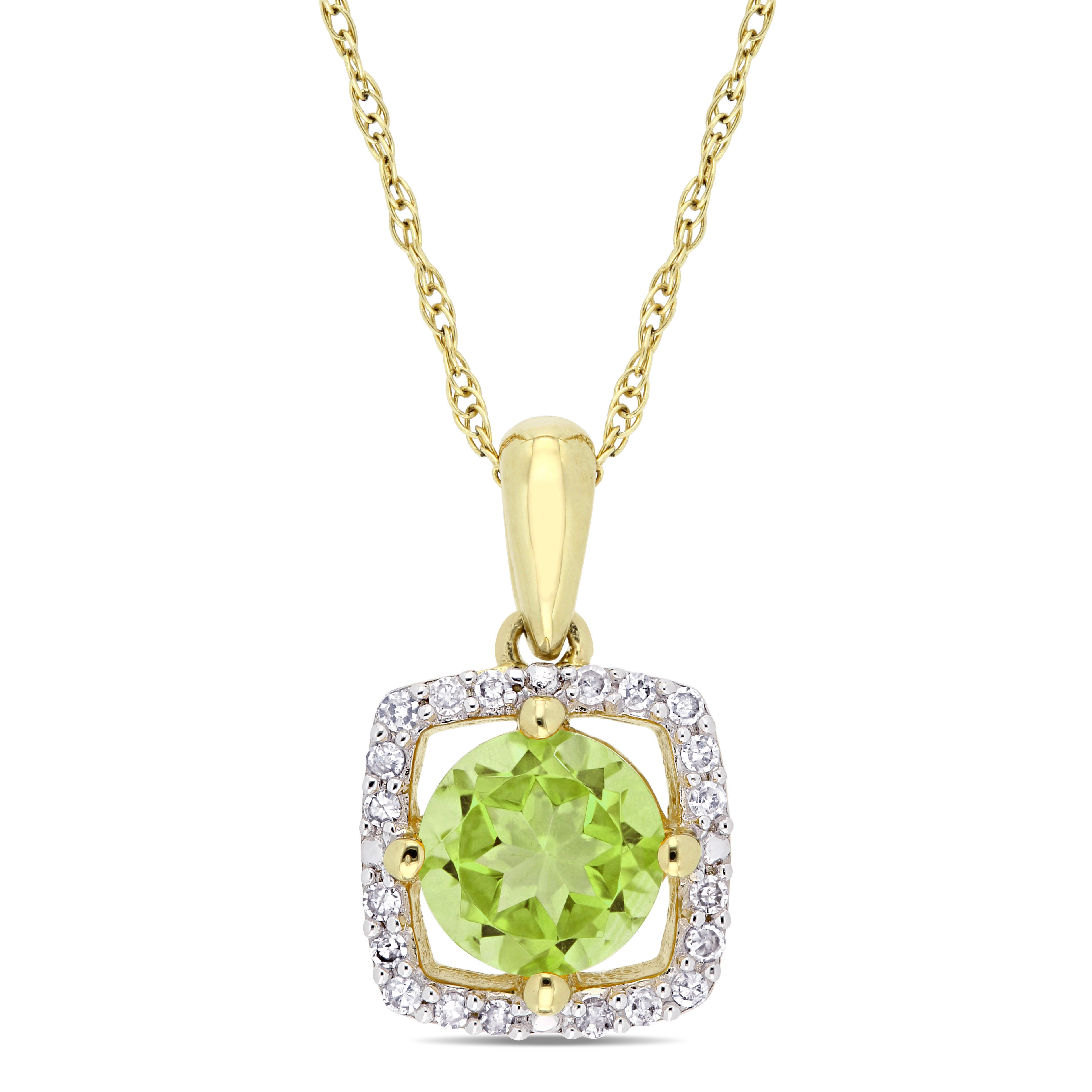 7/8 CT TGW Peridot and 1/10 CT TW Diamond Square Halo Pendant with Chain in 10k Yellow Gold