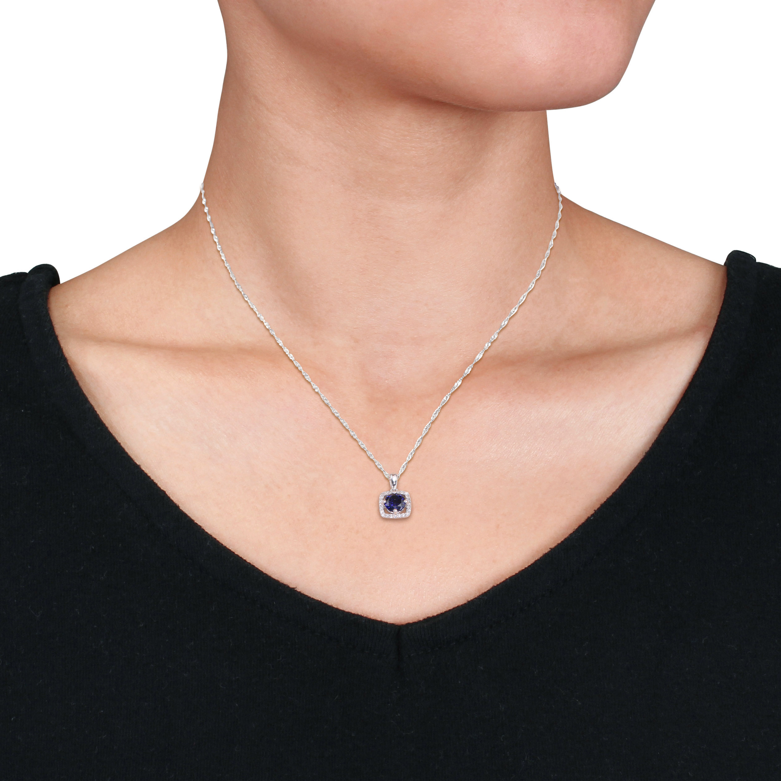1 CT TGW Created Blue Sapphire and 1/10 CT TW Diamond Halo Square Drop Pendant with Chain in 10k White Gold