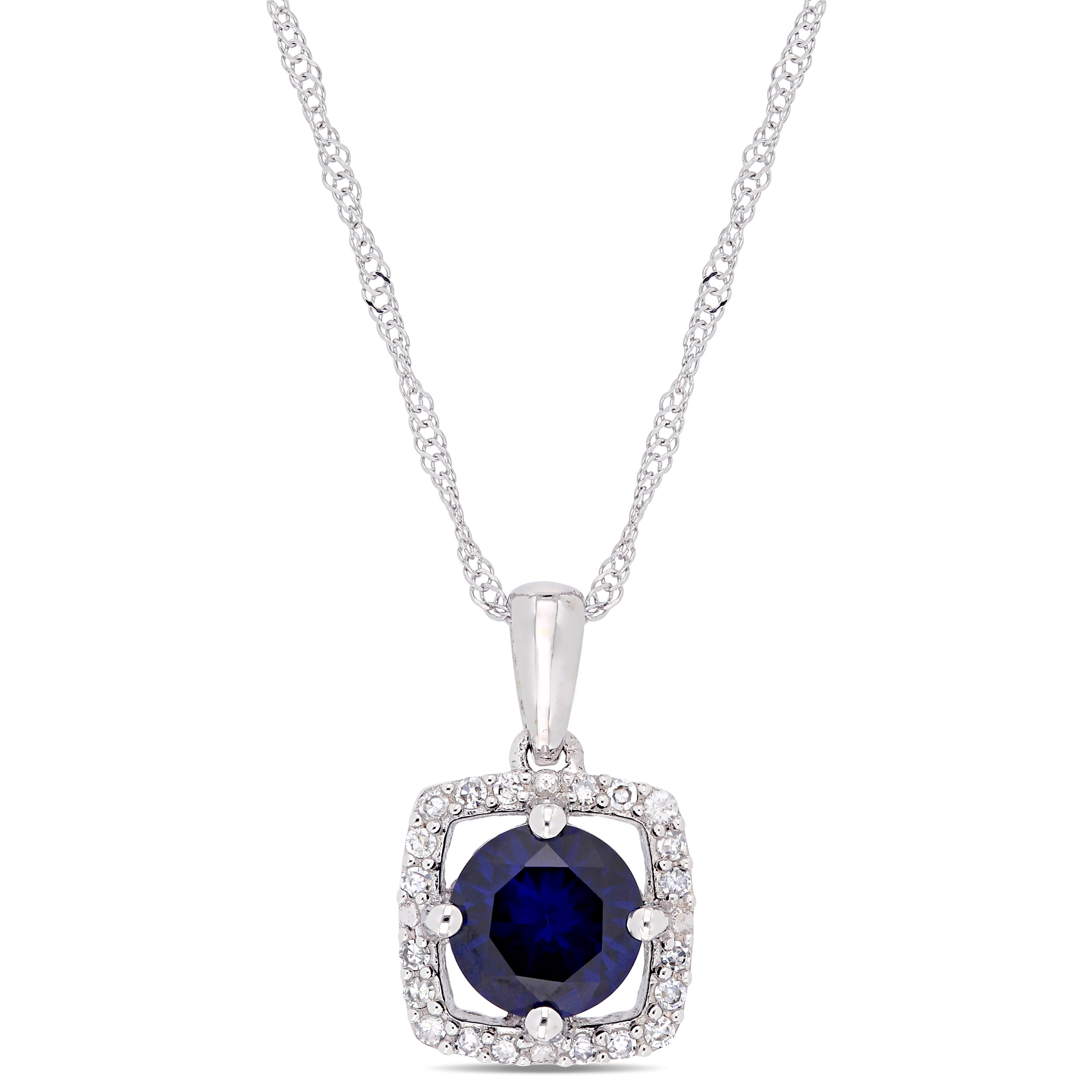 1 CT TGW Created Blue Sapphire and 1/10 CT TW Diamond Halo Square Drop Pendant with Chain in 10k White Gold