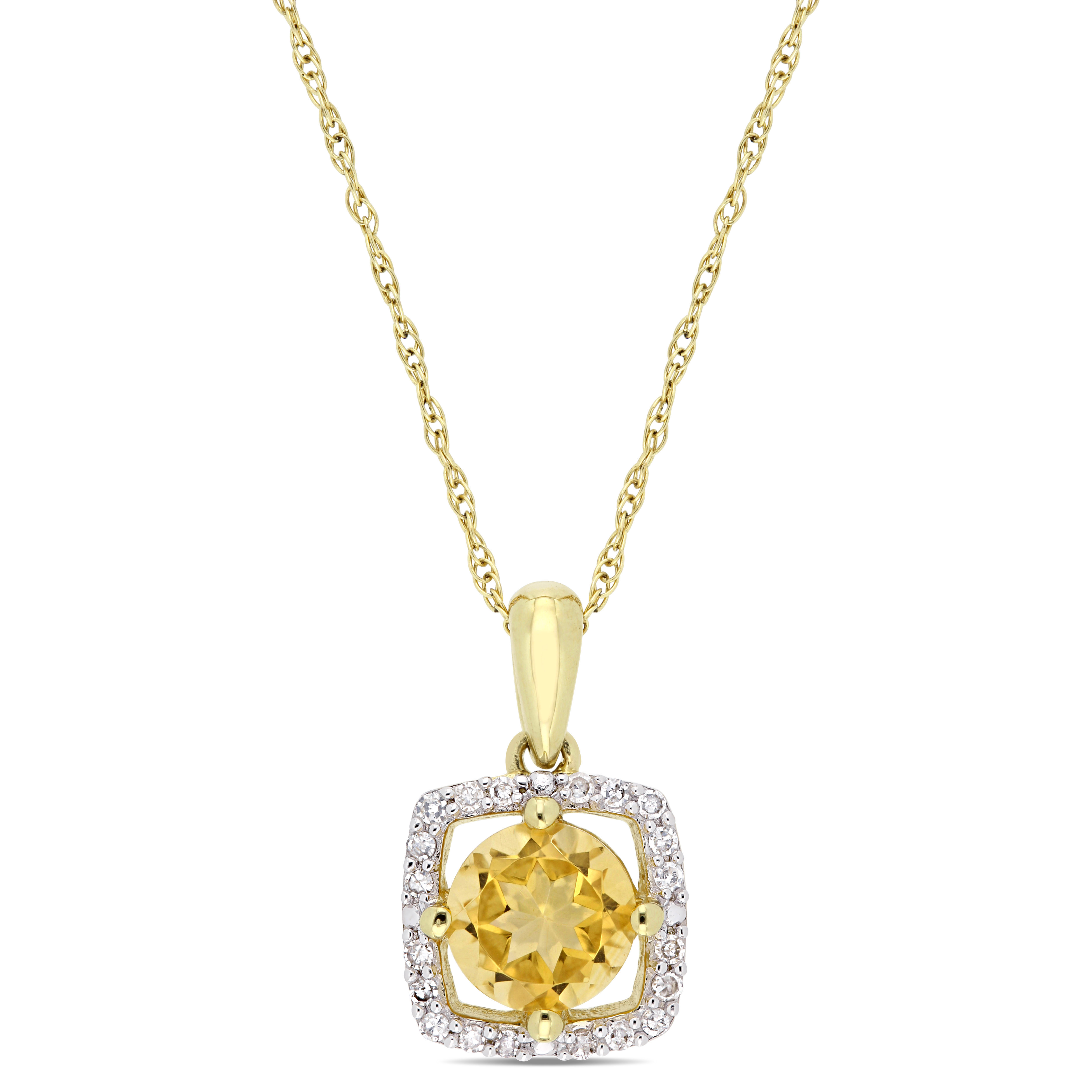3/4 CT TGW Citrine and 1/10 CT TW Diamond Square Halo Pendant with Chain in 10k Yellow Gold
