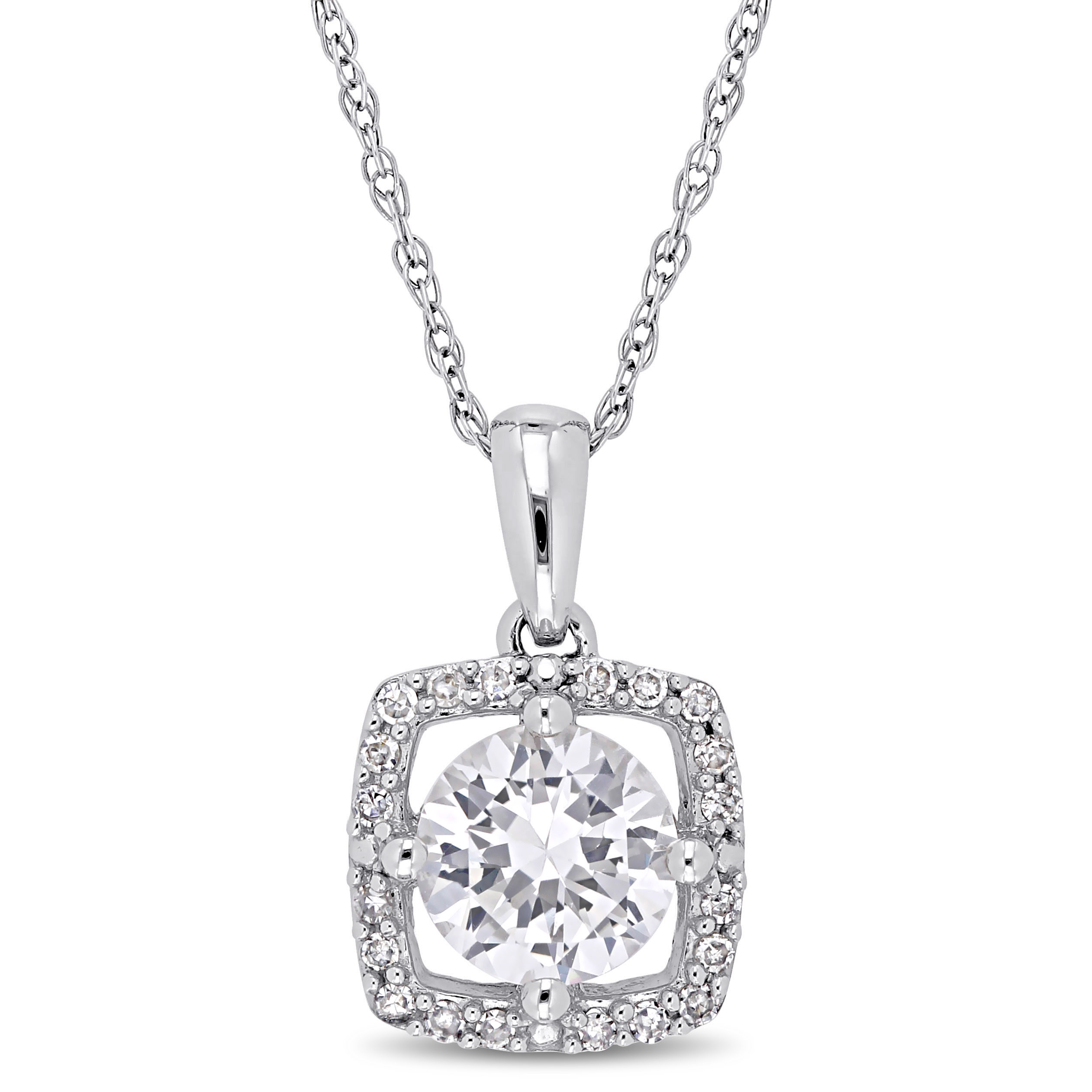 1 CT TGW Created White Sapphire and 1/10 CT TW Diamond Square Halo Pendant with Chain in 10k White Gold