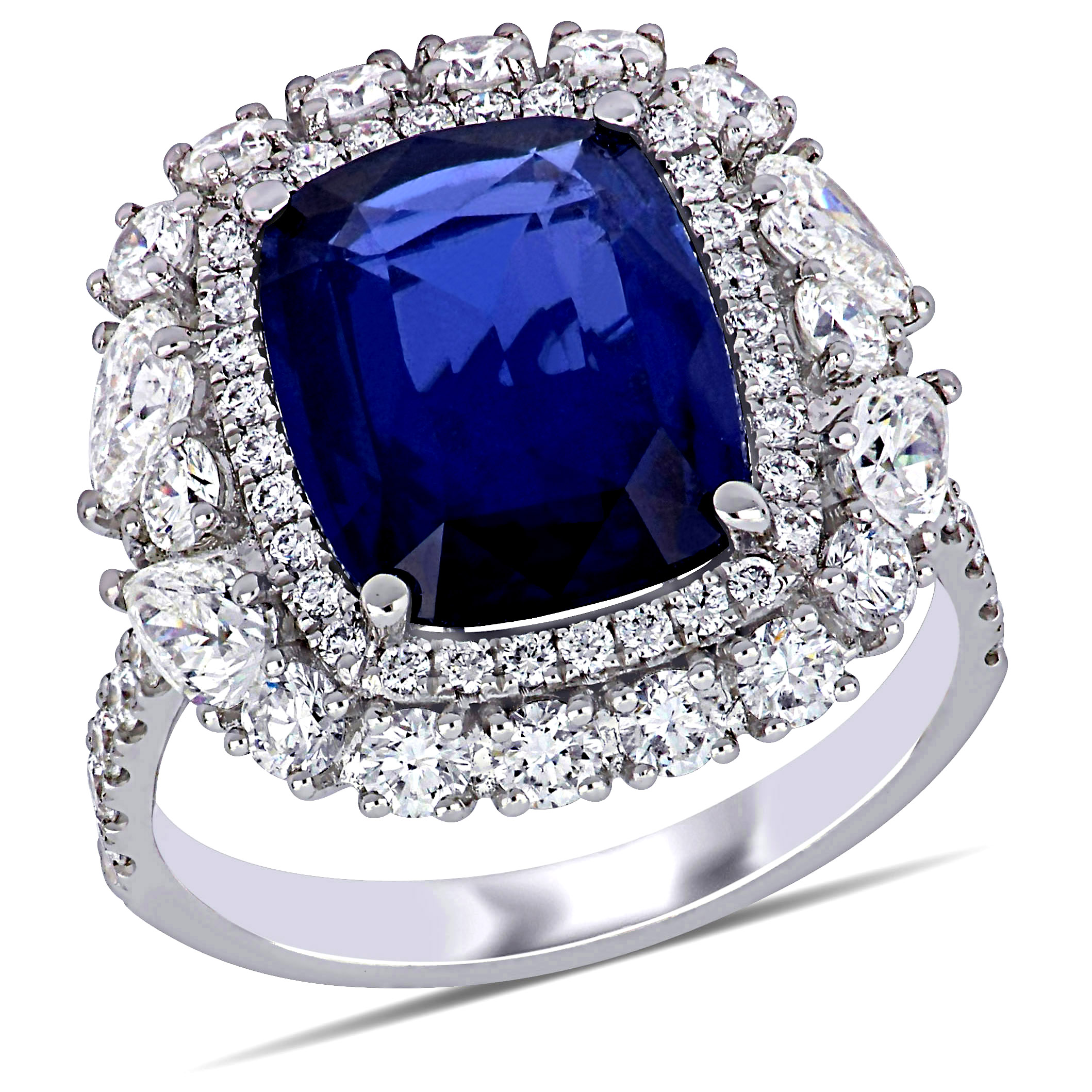 6 1/8 CT TGW Blue Sapphire and 2 CT TW Diamonds Halo Cocktail Ring in 14k White Gold