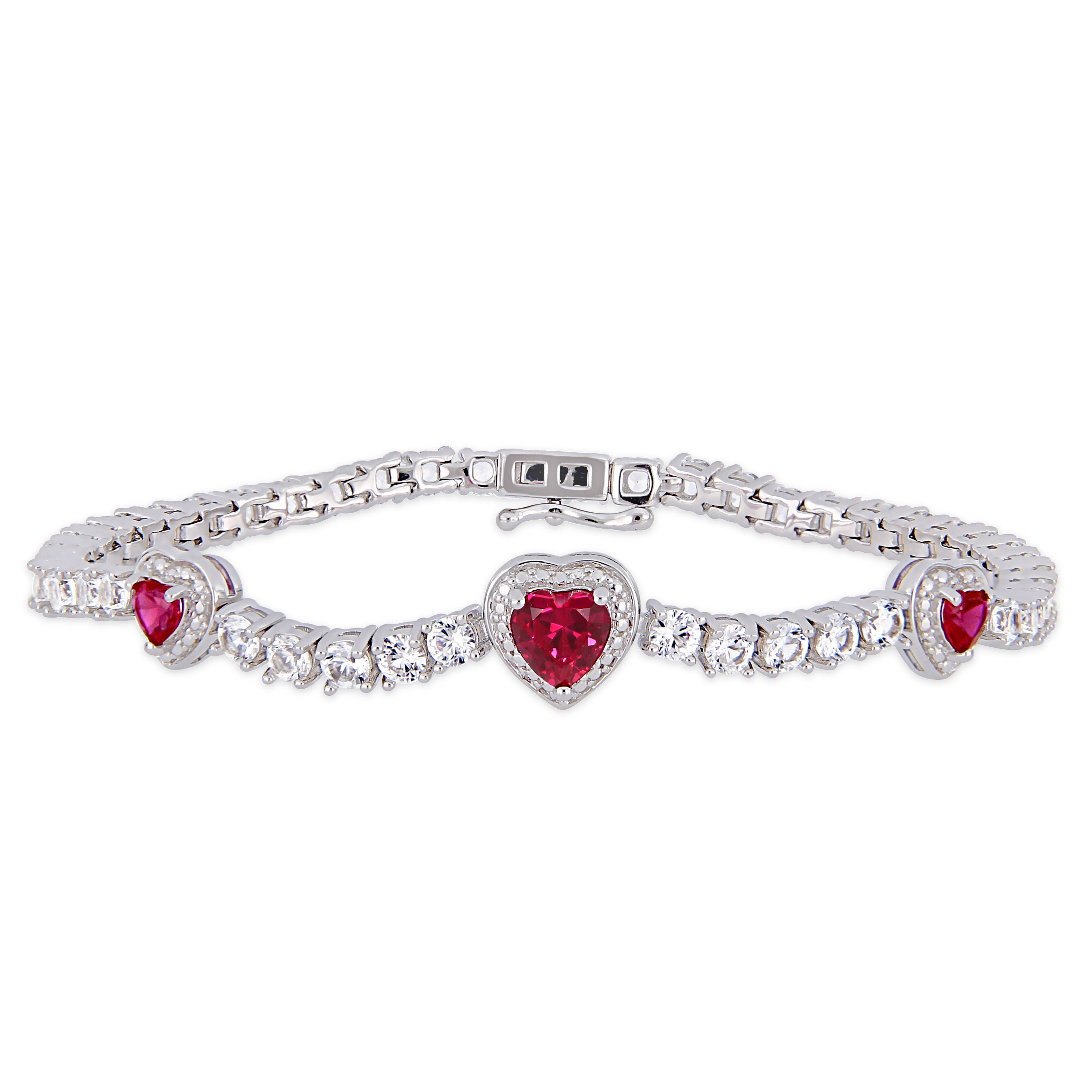 8 2/5 CT TGW Created Ruby and Created White Sapphire Stationed Triple Halo Heart Tennis Bracelet in Sterling Silver - 7 in.