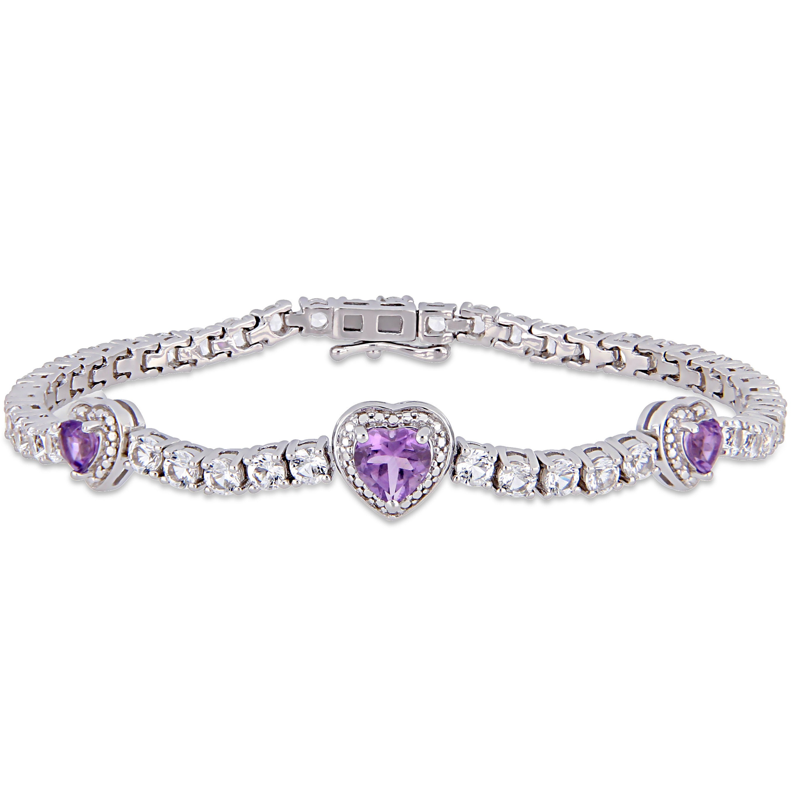 7 3/4 CT TGW Amethyst and Created White Sapphire Stationed Triple Halo Heart Tennis Bracelet in Sterling Silver - 7 in.