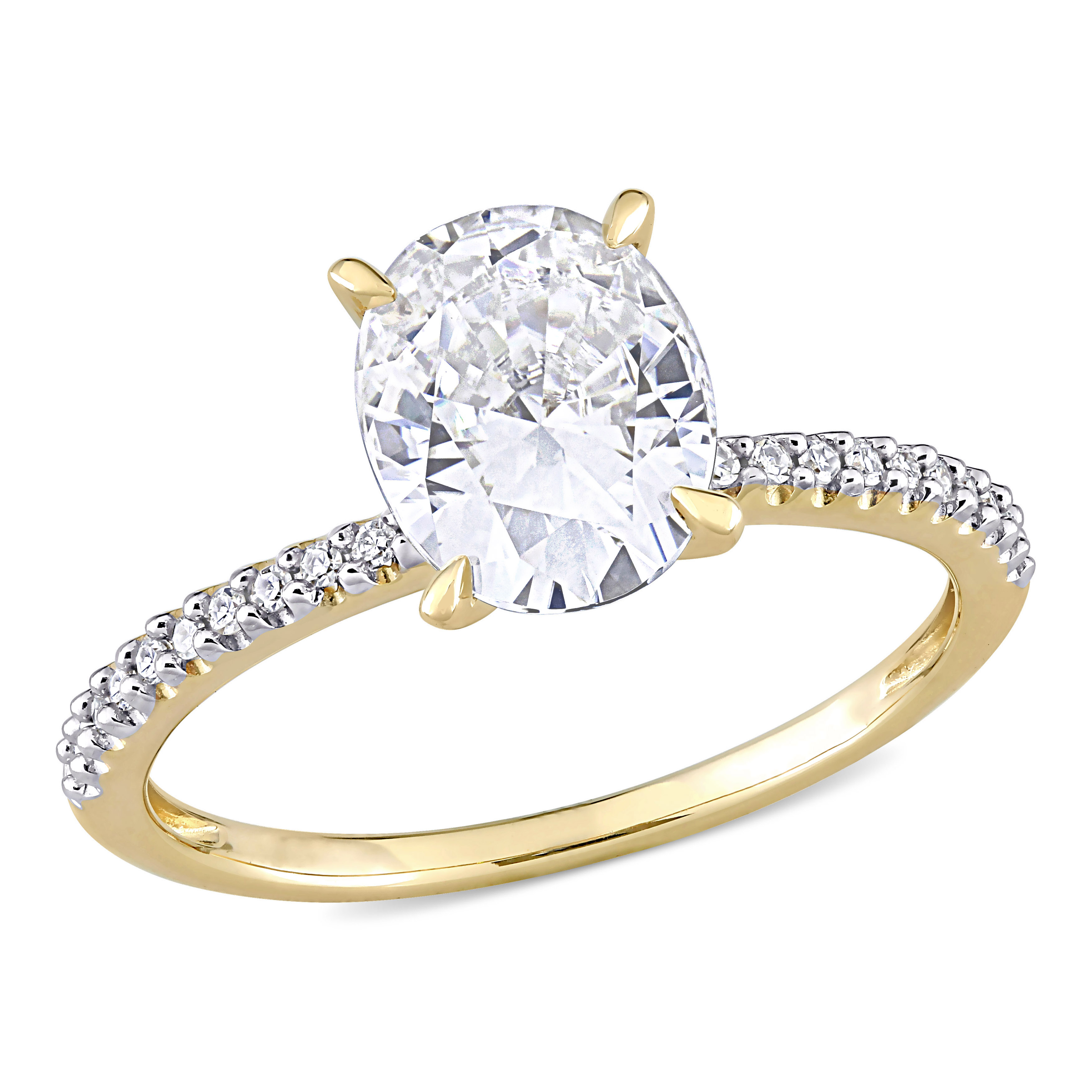2 CT DEW Created White Moissanite and 1/10 CT TW Diamond Oval Solitaire Engagement Ring in 14k Yellow Gold
