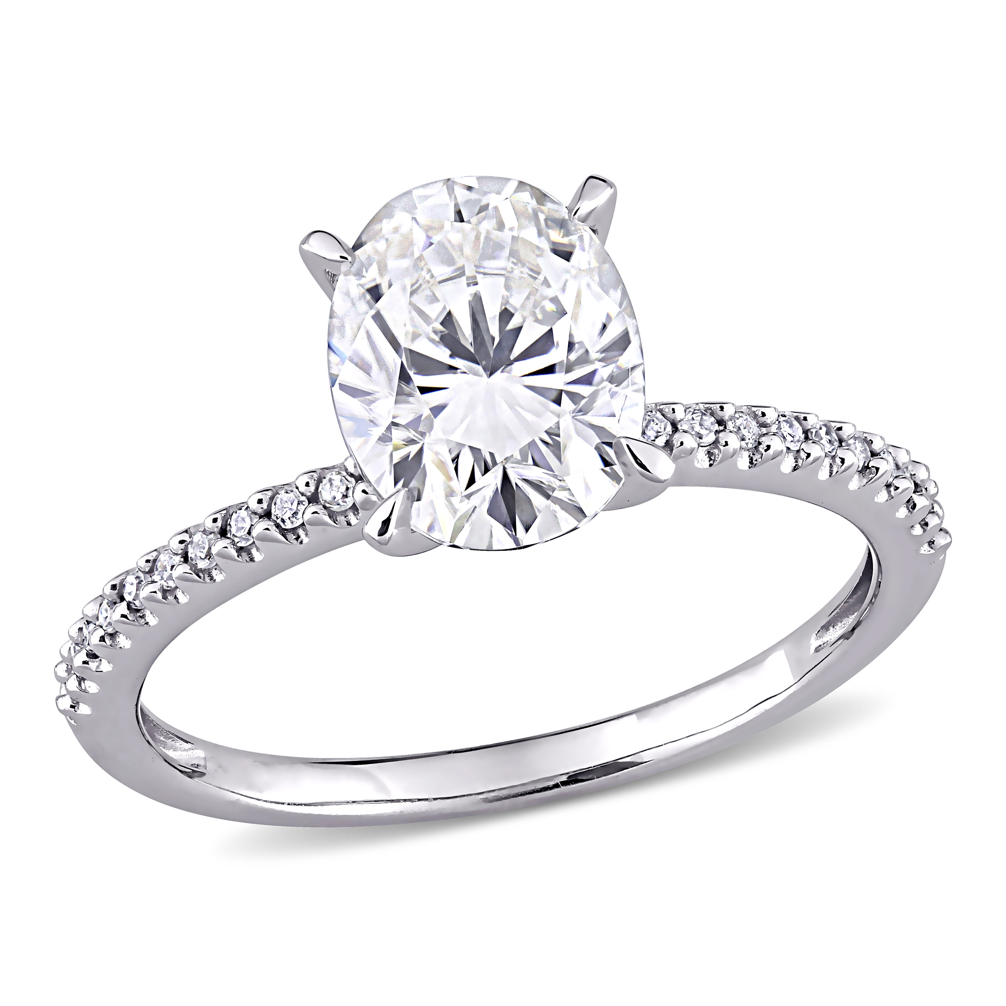 2 CT DEW Oval Created Moissanite and 1/10 CT TW Diamond Engagement Ring in 14k White Gold