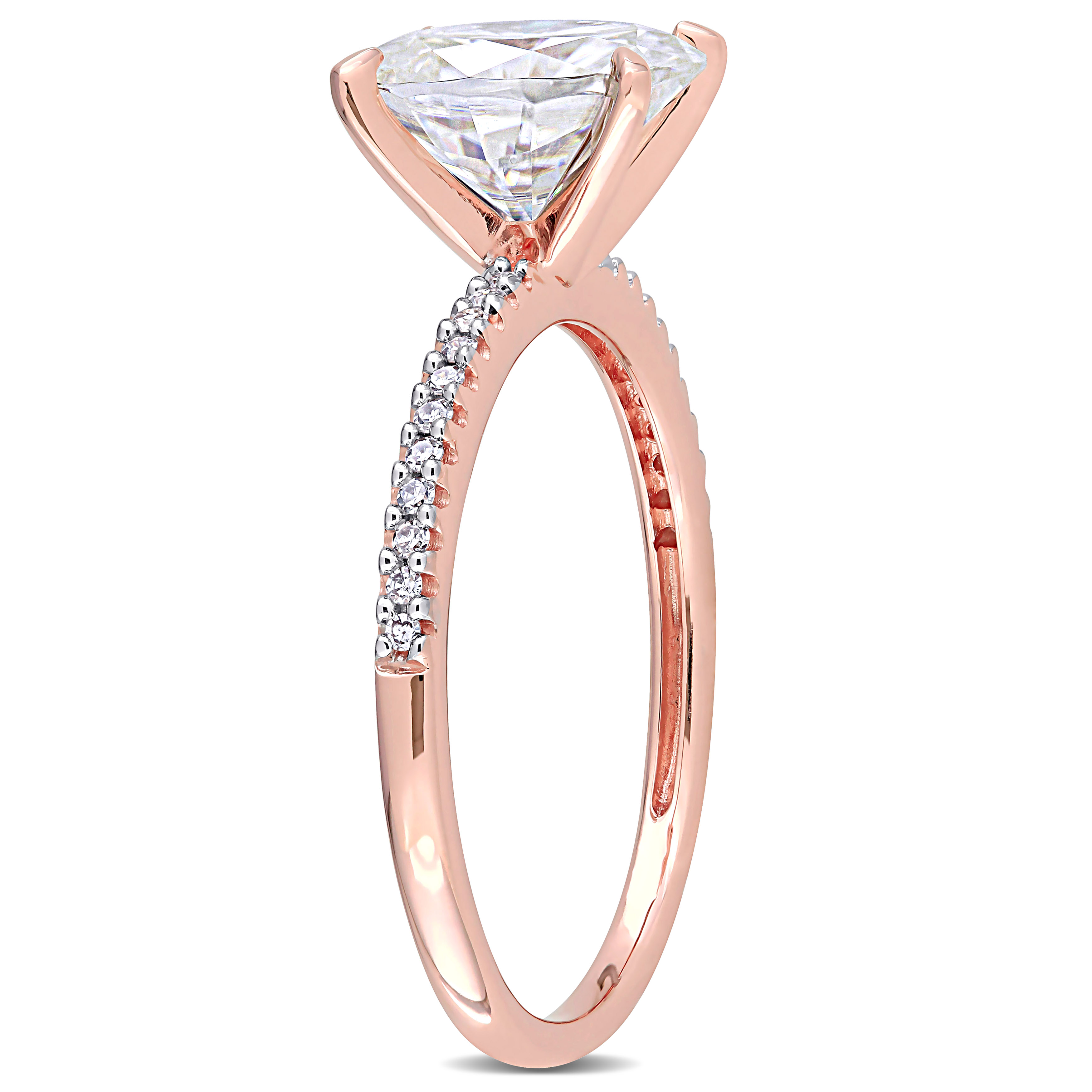 2 CT DEW Created Moissanite Oval Solitaire and 1/10 CT TW Diamond Engagement Ring in 14k Rose Gold
