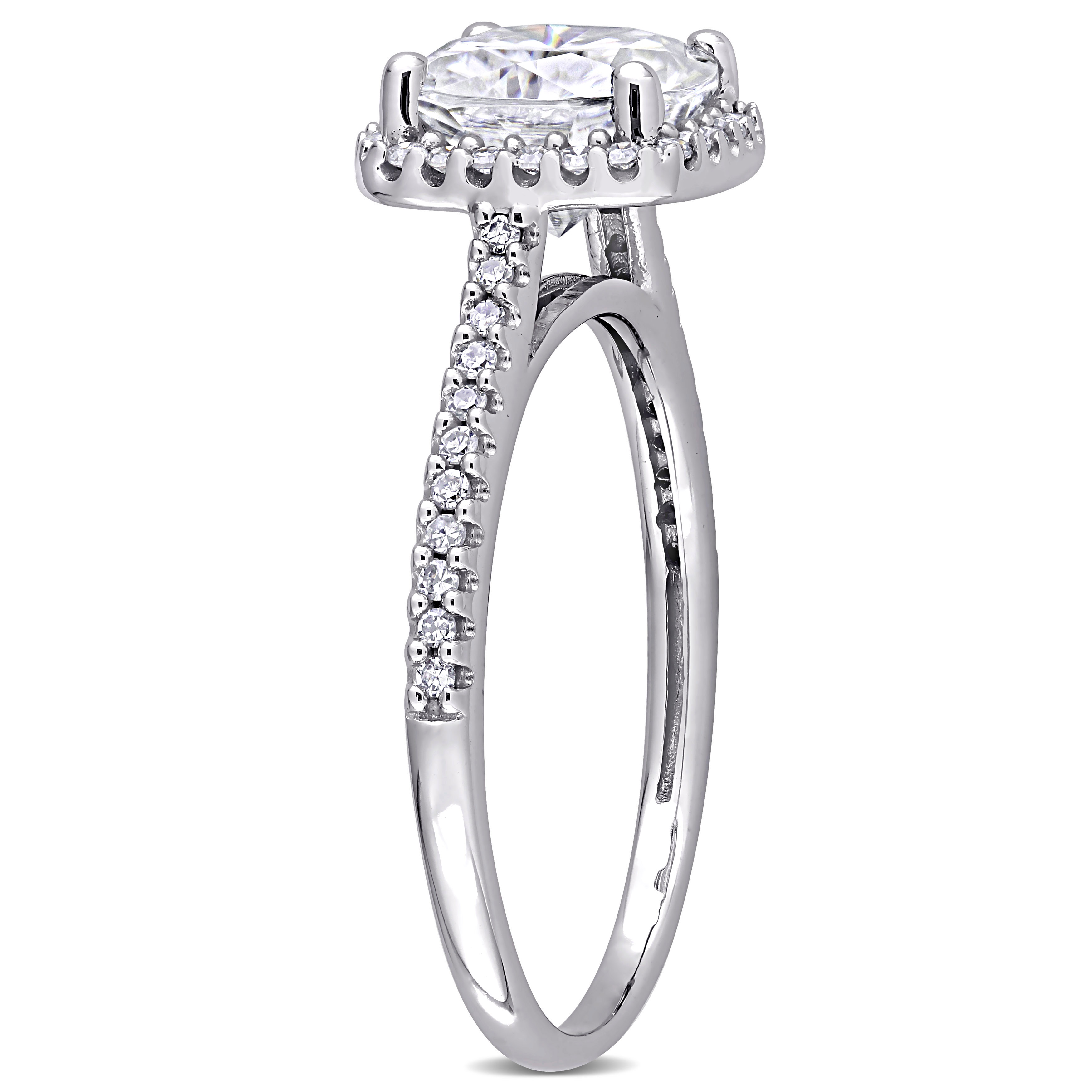2 CT TGW Cushion Created Moissanite and 1/4 CT TW Diamond Halo Engagement Ring in 14k White Gold