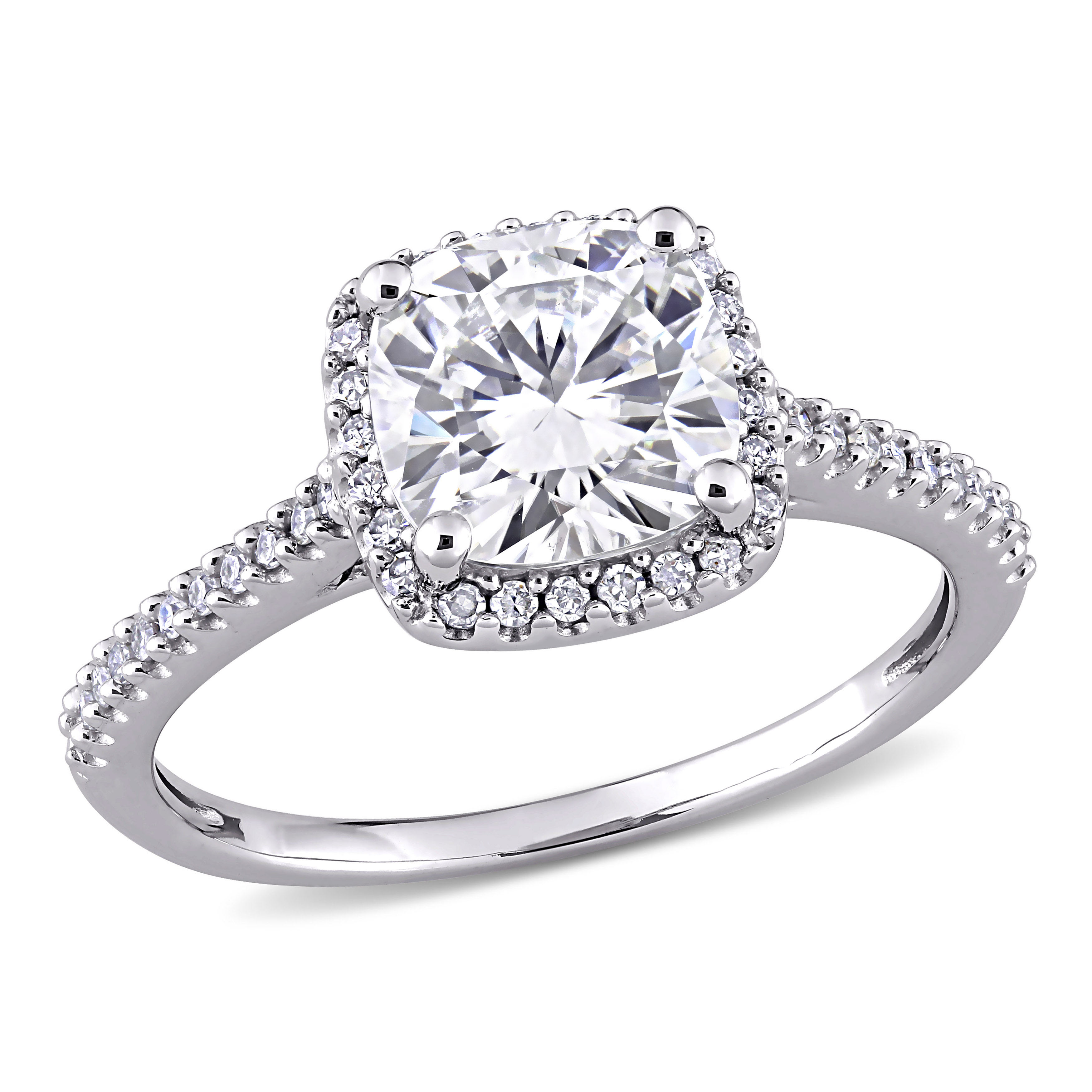 2 CT TGW Cushion Created Moissanite and 1/4 CT TW Diamond Halo Engagement Ring in 14k White Gold