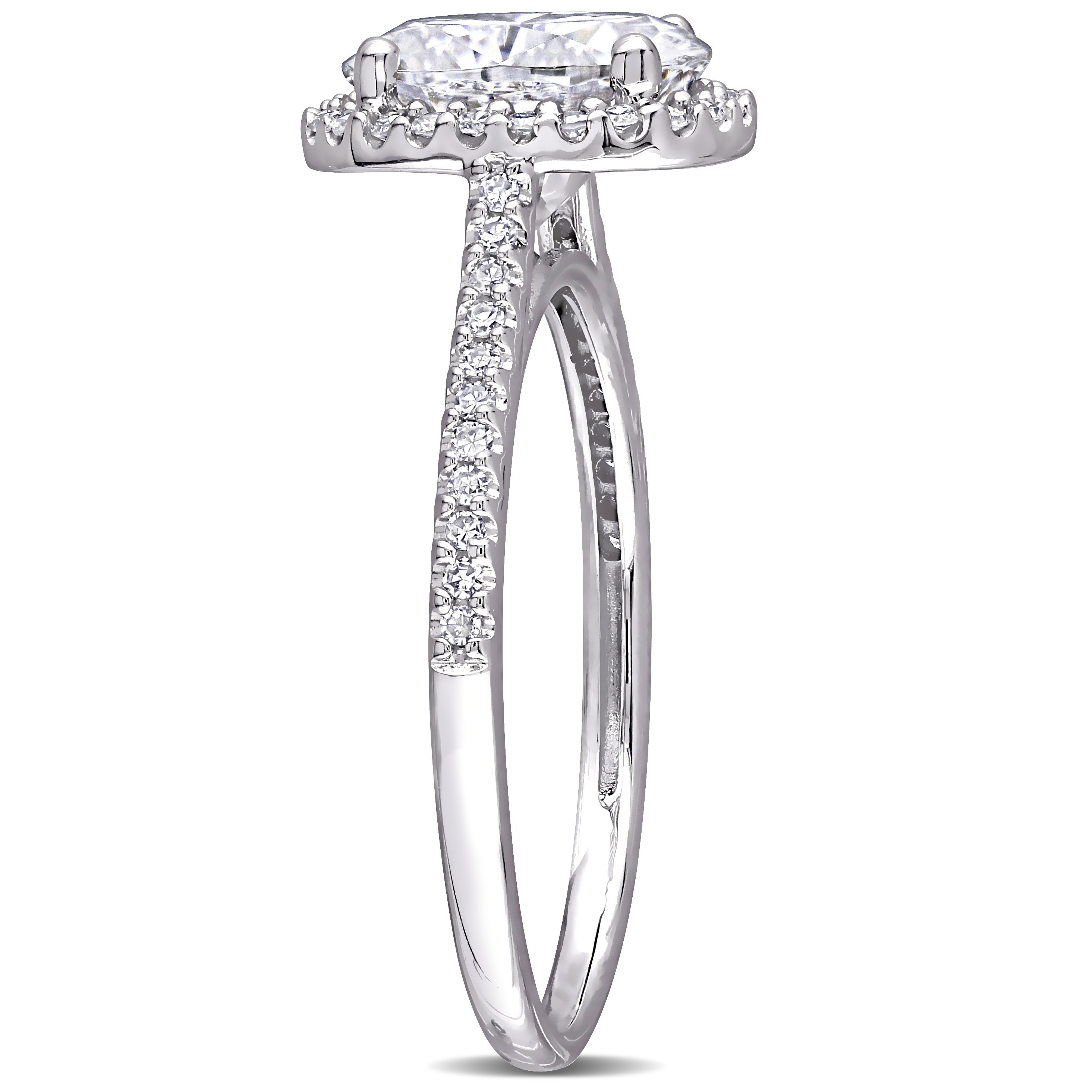 2 CT DEW Oval Created Moissanite and 1/4 CT TW Diamond Double Halo Engagement Ring in 14k White Gold