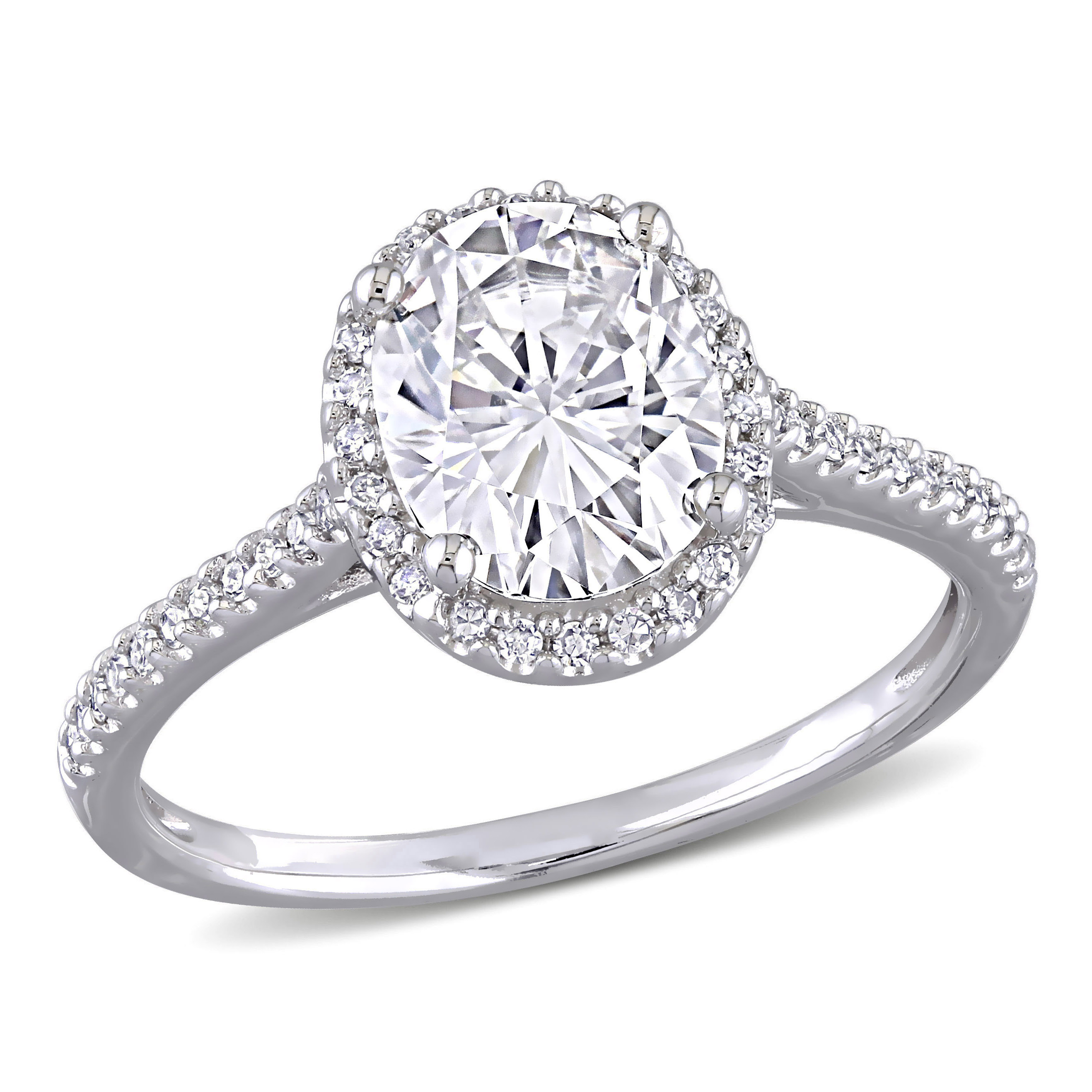 2 CT DEW Oval Created Moissanite and 1/4 CT TW Diamond Double Halo Engagement Ring in 14k White Gold