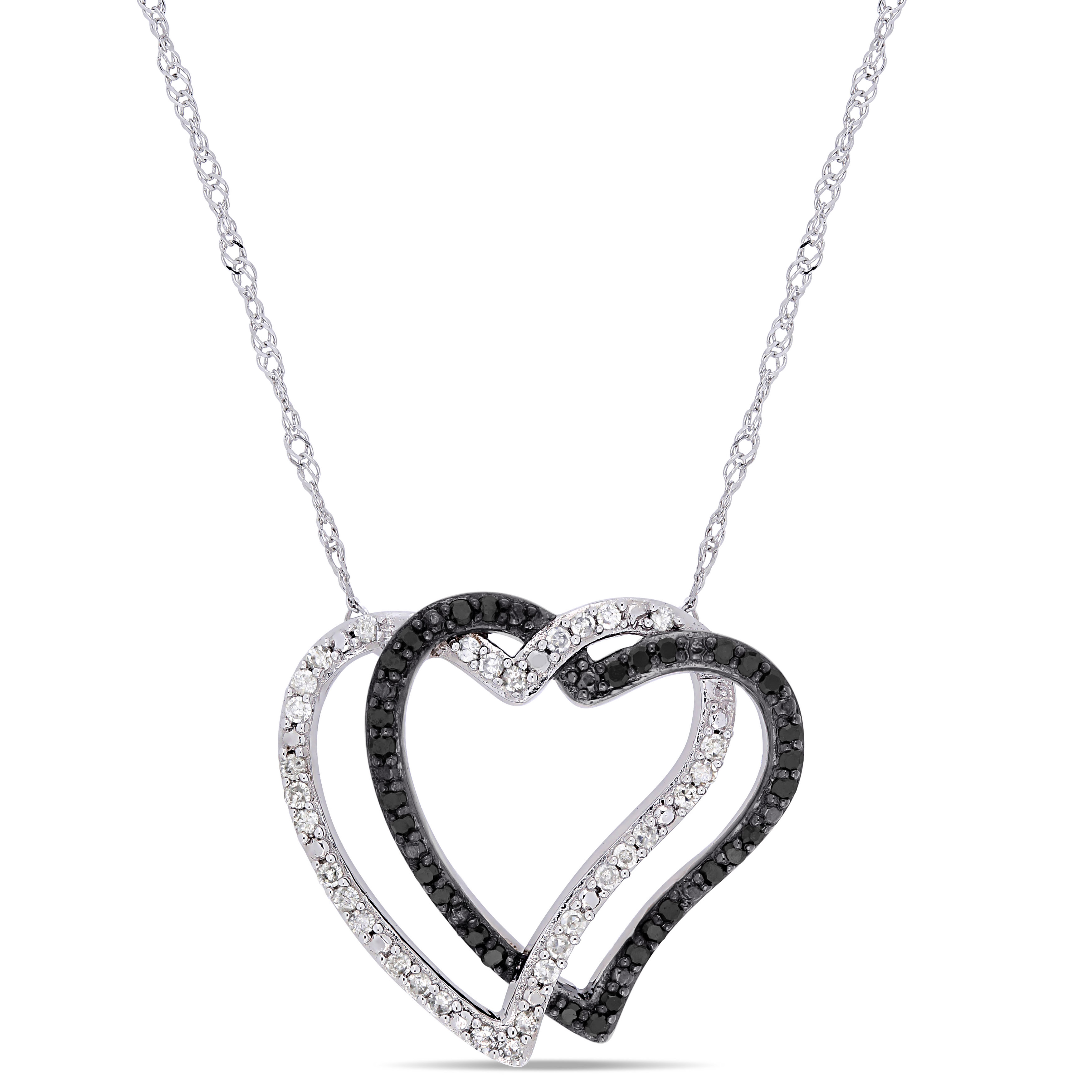 1/4 CT TW Black and White Diamond Double Open Heart Necklace in 10k White Gold with Black Rhodium Plating