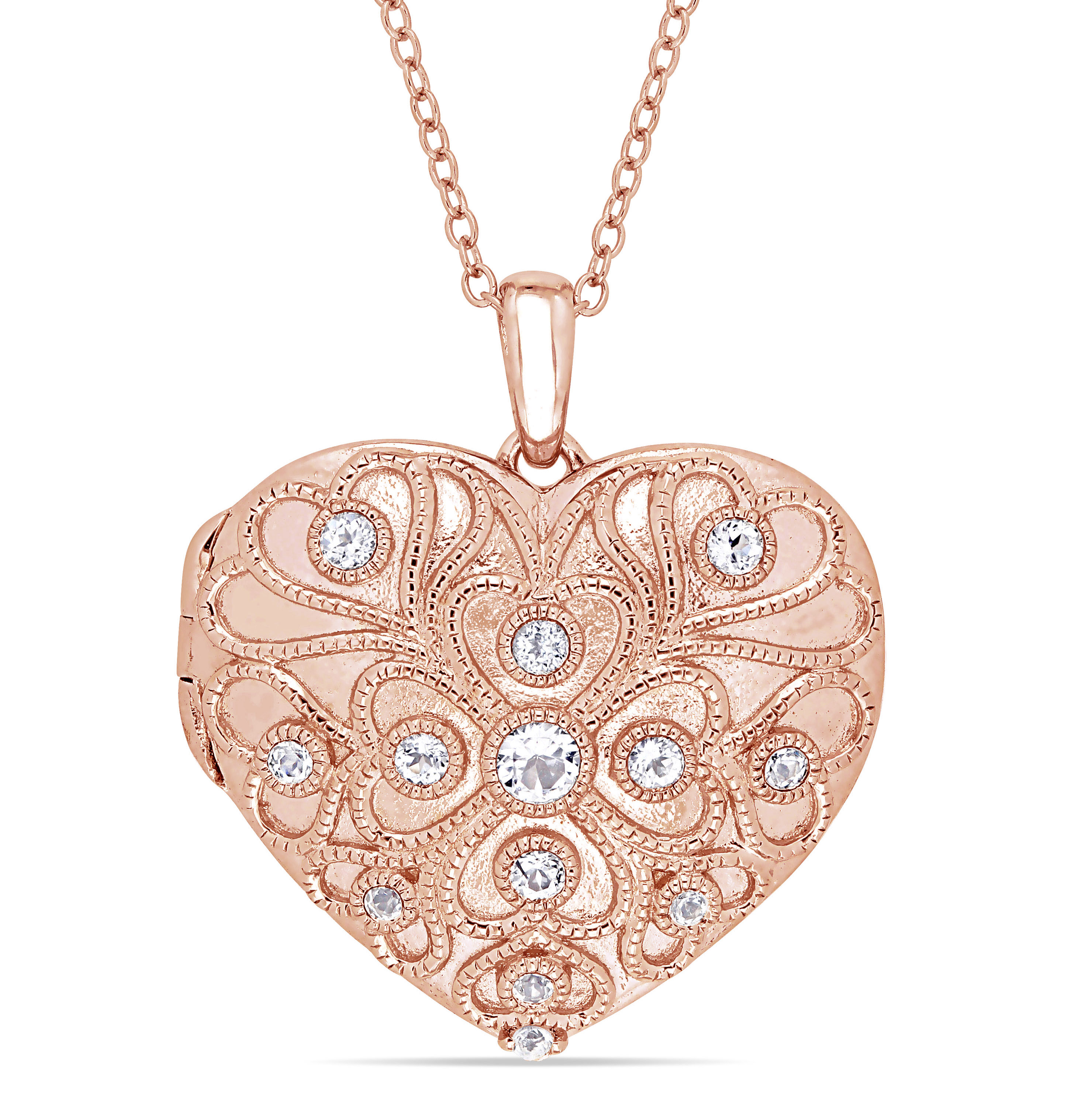5/8 CT White Topaz Heart Locket Necklace in Rose Plated Sterling Silver