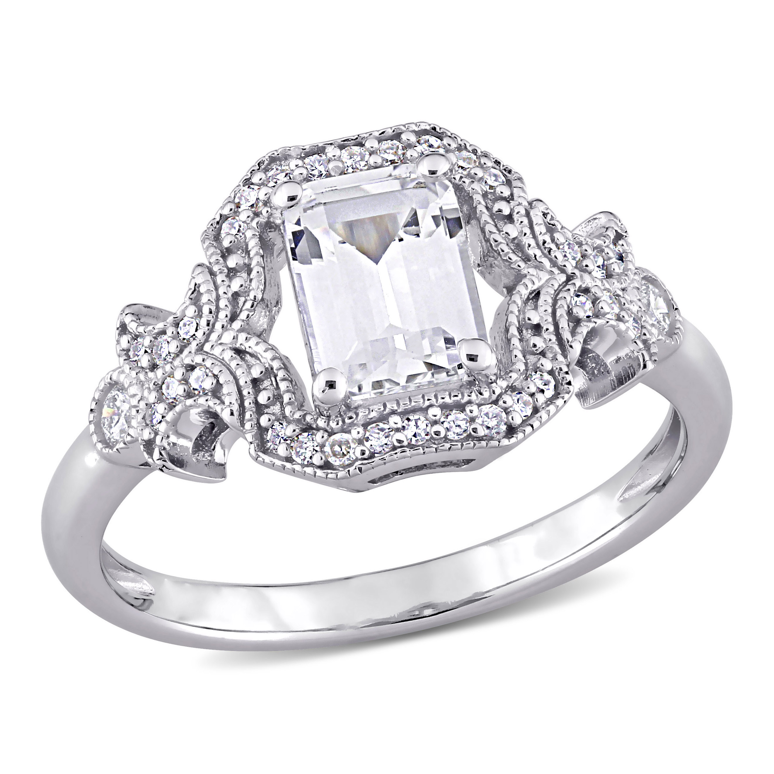 1 5/8 CT TGW Created White Sapphire and 1/6 CT TW Diamond Milgrain Halo Ring in Sterling Silver