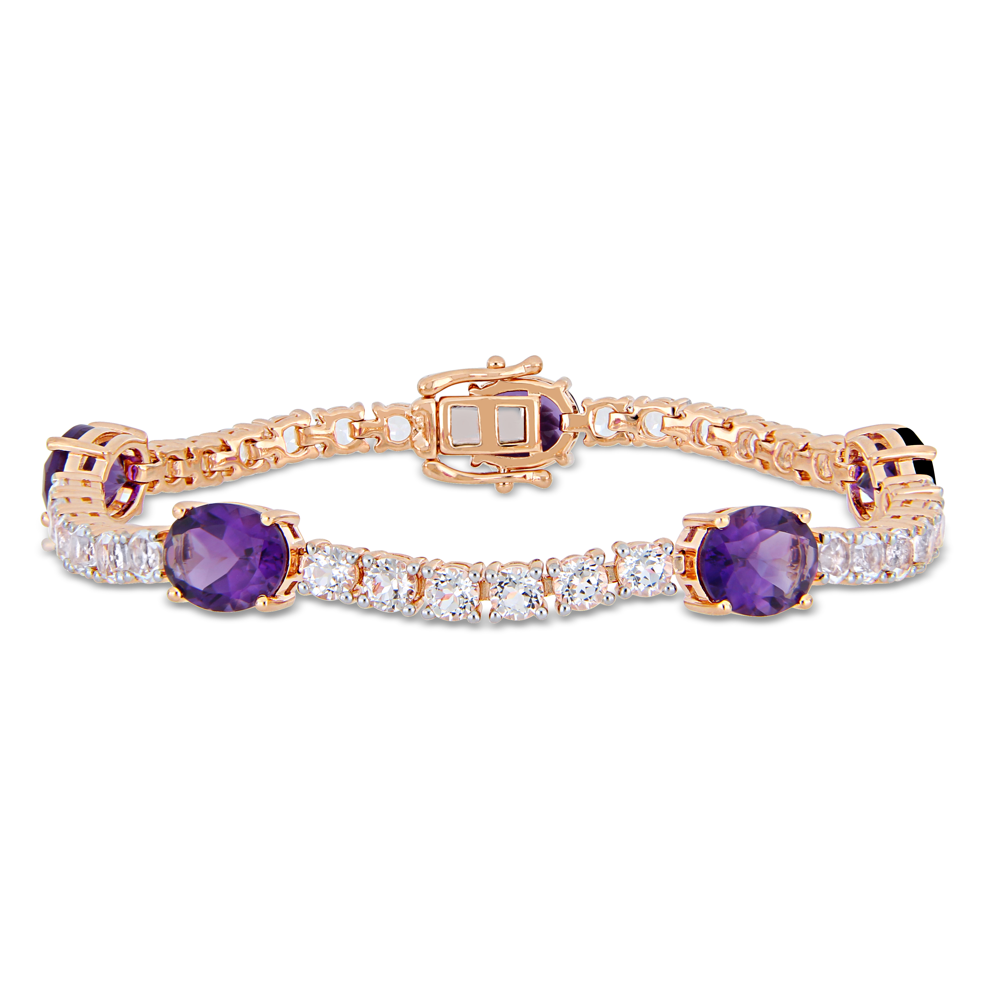 21 CT TGW Africa-Amethyst and White Topaz Station Link Bracelet in Rose Gold Plated Sterling Silver - 7.25 in.